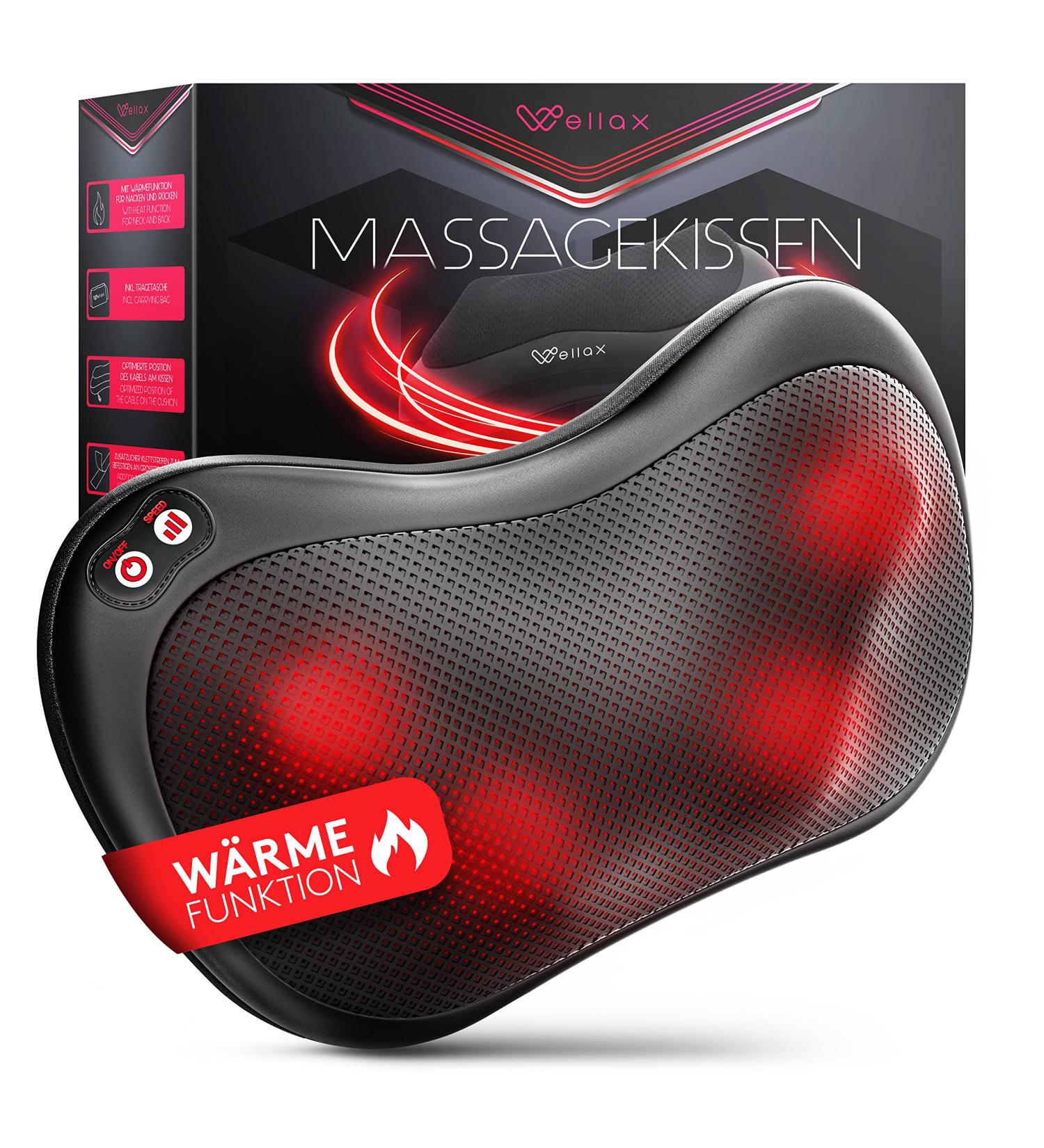 Wellax Shiatsu Neck Massage Pillow with Heat & 360 Rotation - 3 Speed Back & Shoulder Massager - Adjustable Extension Belt - Black - Buy Online on GoSupps.com