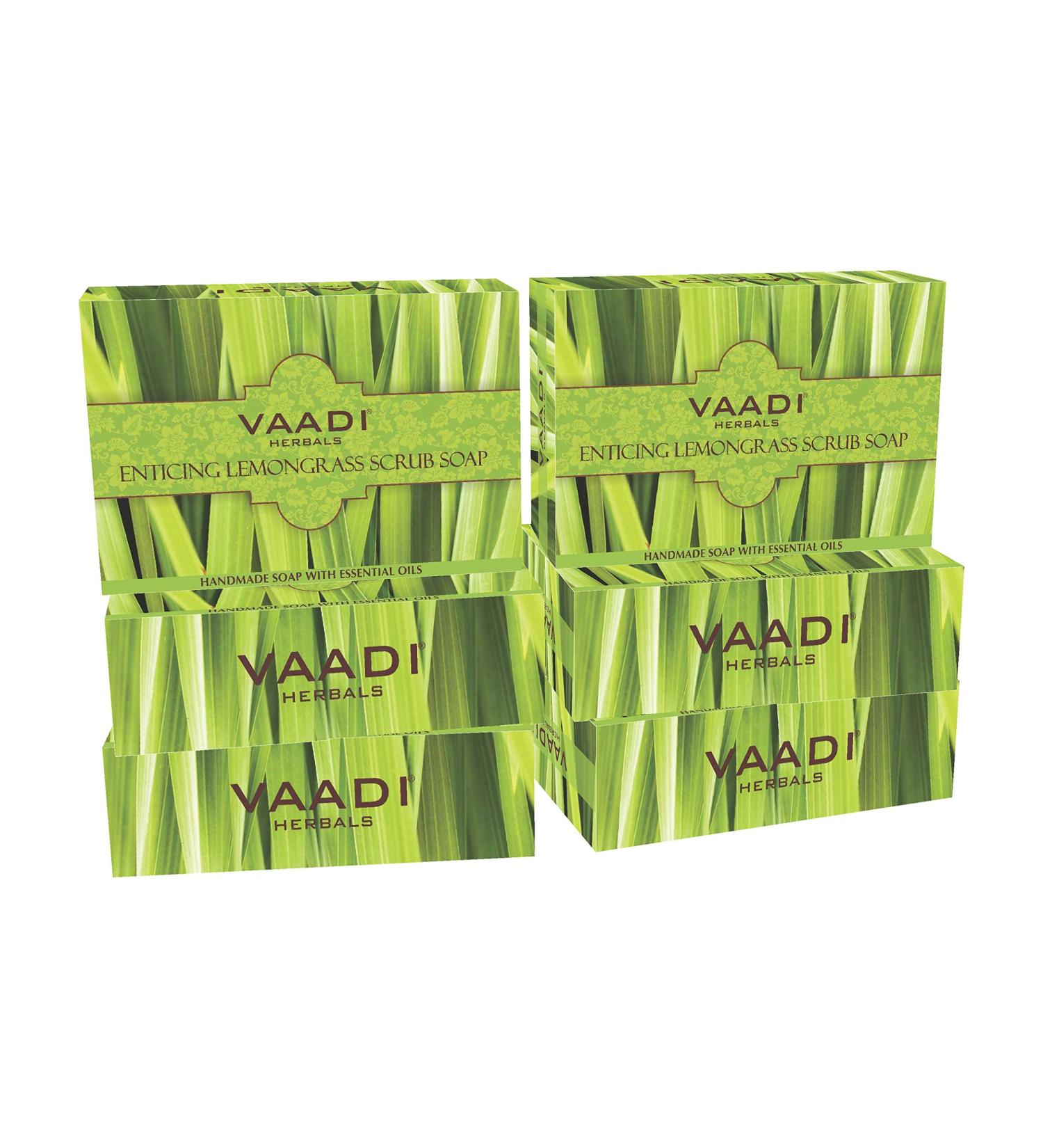 Vaadi Herbals Lemongrass Scrub Bar Soap - Handmade Herbal Soap with 100% Pure Essential Oils - ALL Natural - Best Natural Skin Moisturizer - Each 2.65 Ounces - Pack of 6 (16 Ounces)