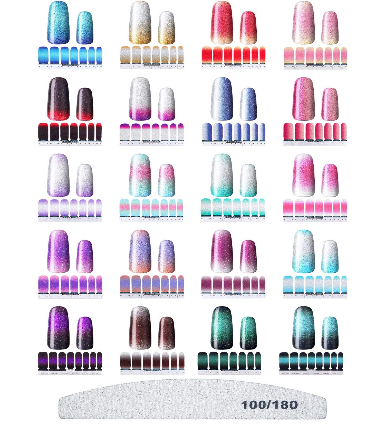 Glitter Gradient Nail Polish Sticker Full Wraps for Women - 20 Sheets | Self-Adhesive Nail Decals with File for Manicure Decorations - Buy Online on GoSupps.com