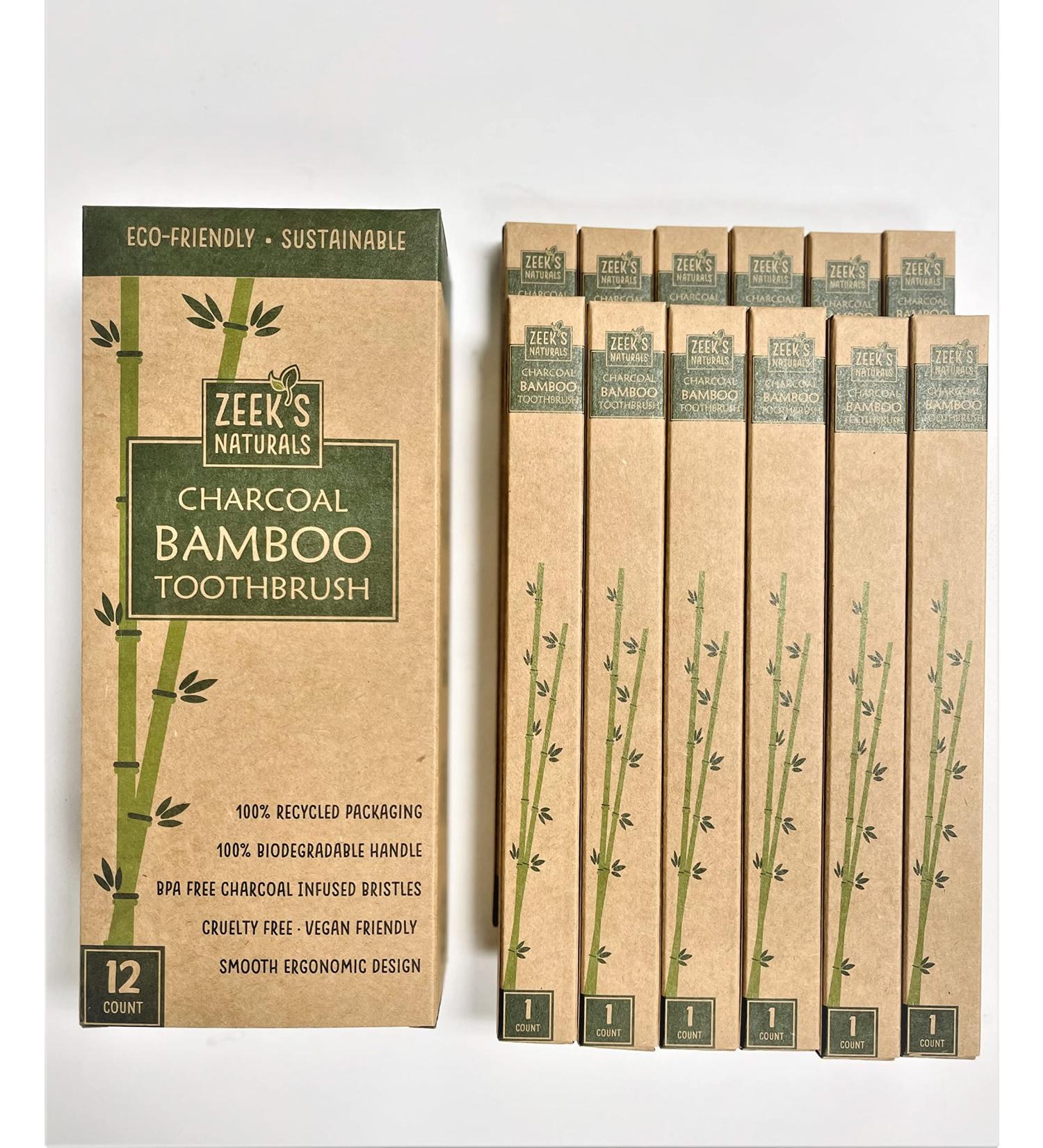 Zeek's Naturals Biodegradable Bamboo Charcoal Toothbrushes - Pack of 12 | Eco-Friendly & Numbered | Charcoal Infused Bristles - Buy Online on GoSupps.com