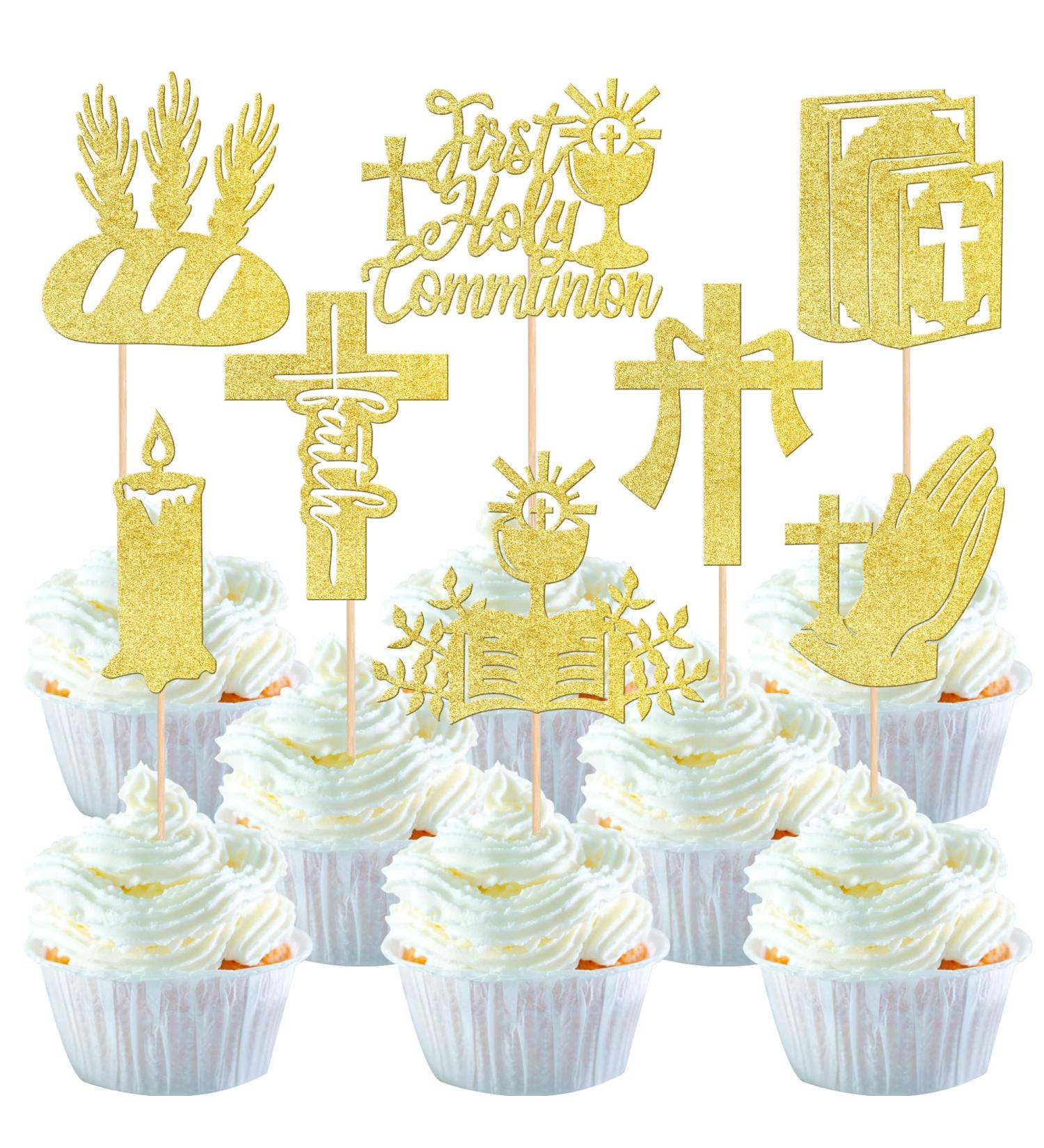 Pack of 24 First Holy Communion Cake Decoration Glitter Cross Bible Cake Decoration Angel God Blessing Cupcke Toppers for First Communion Christening Religion Theme Birthday Party Cupcake Picks New Gold