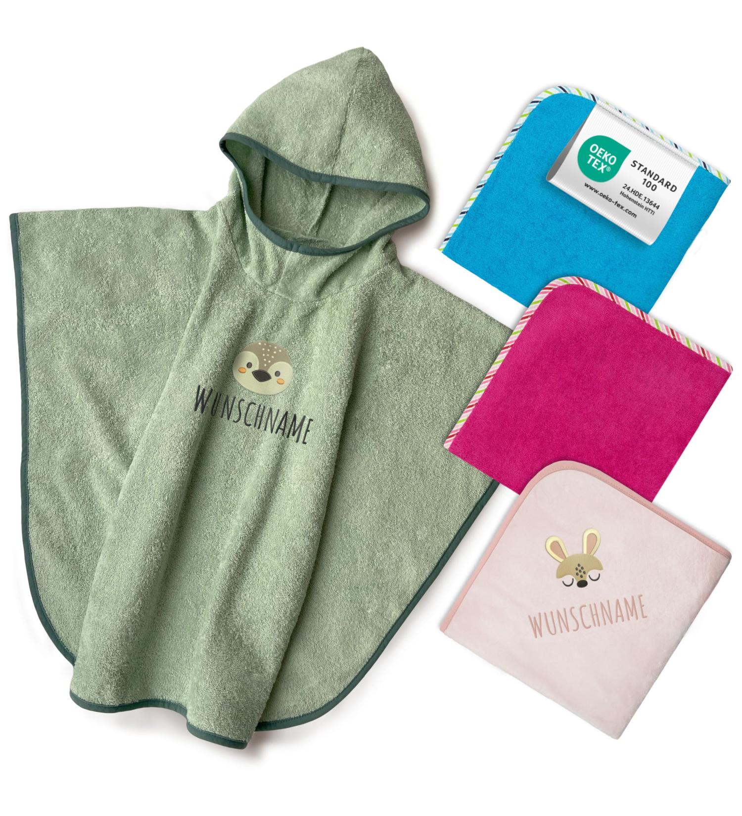 Personalized My Stitchery Badeponcho for Kids - Embroidered Hooded Towel in Dark Green | Oeko-Tex Standard 100 Cotton - Buy Online on GoSupps.com
