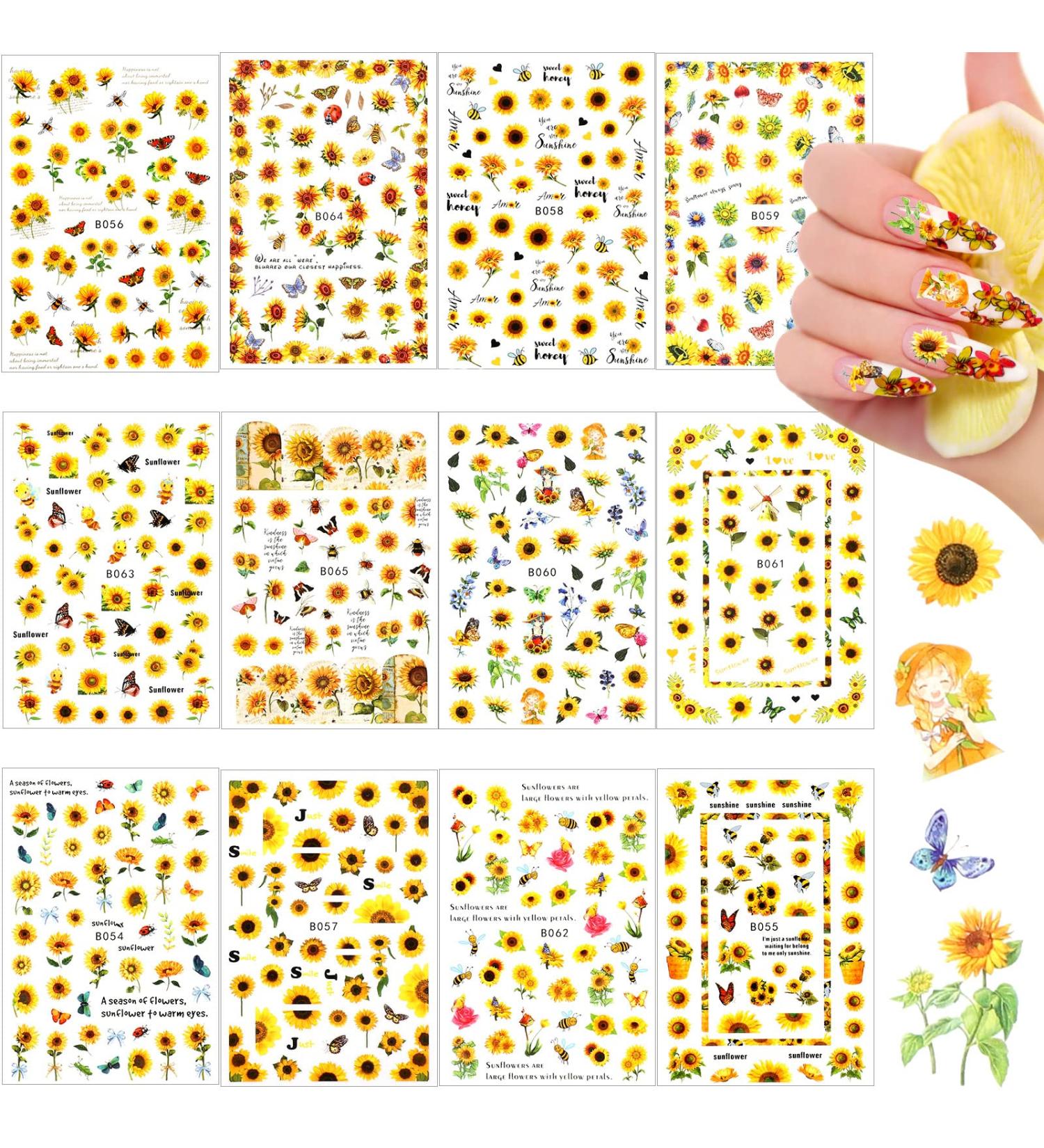 Sunflower & Butterfly Nail Art Stickers - 12 Self-Adhesive Floral Decals for Women and Girls - Buy Online on GoSupps.com