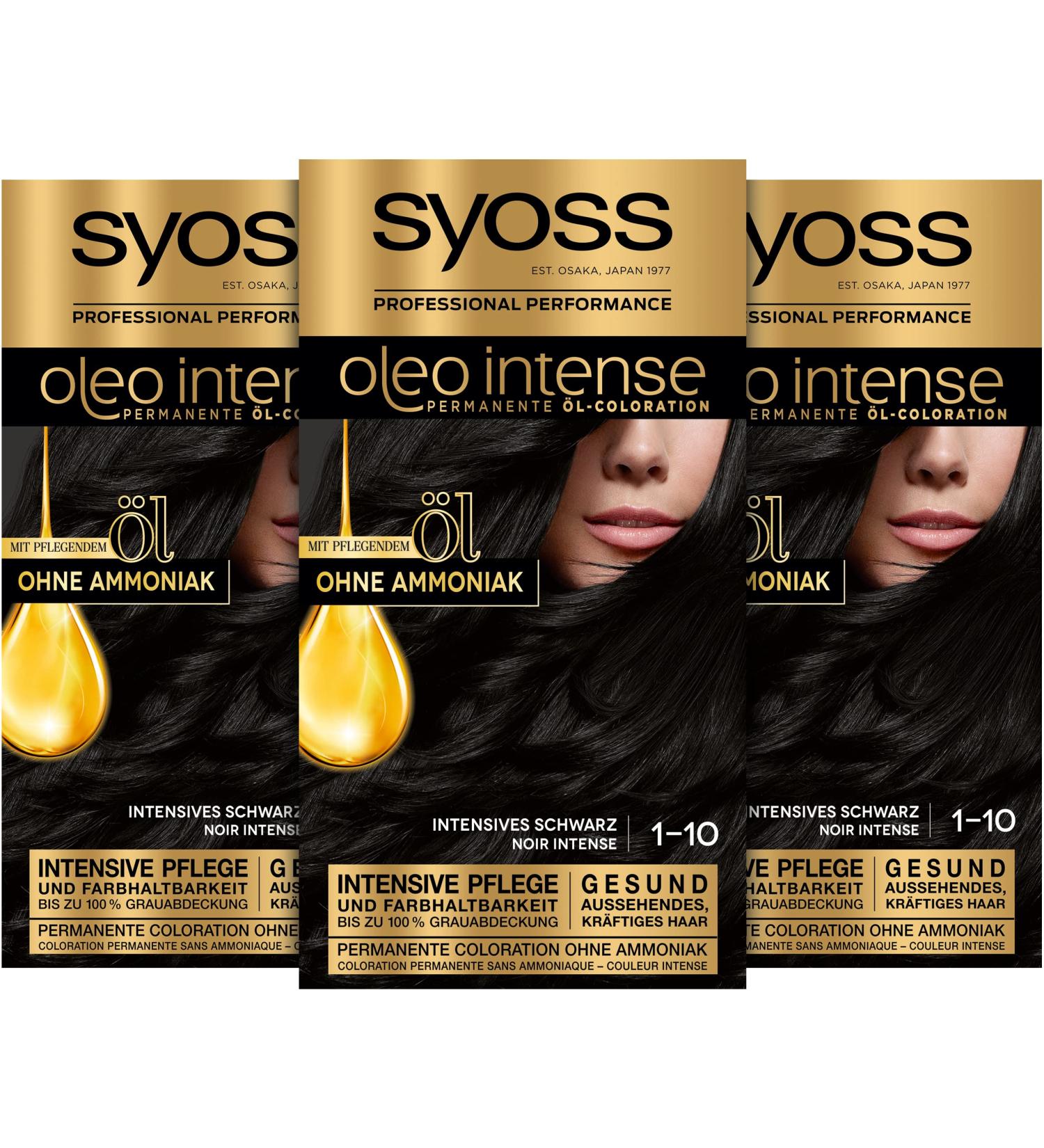 Syoss Oleo Intense Permanent Hair Color 1-10 Intense Black with Nourishing Oil and Ammonia Free 3 Bottles 115ml - Buy Online on GoSupps.com