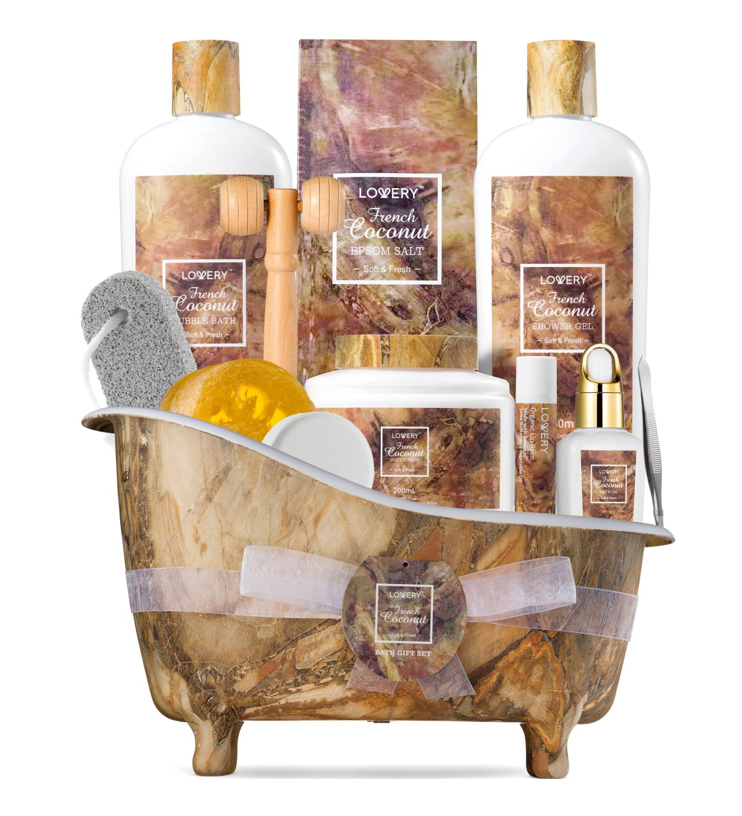 French Coconut Spa Gift Basket for Stress Relief - Father's Day & Thank You Gifts for Men and Women - Includes Pumice Stone, Bubble Bath, Epsom Salt, and Massage Roller - Buy Online on GoSupps.com