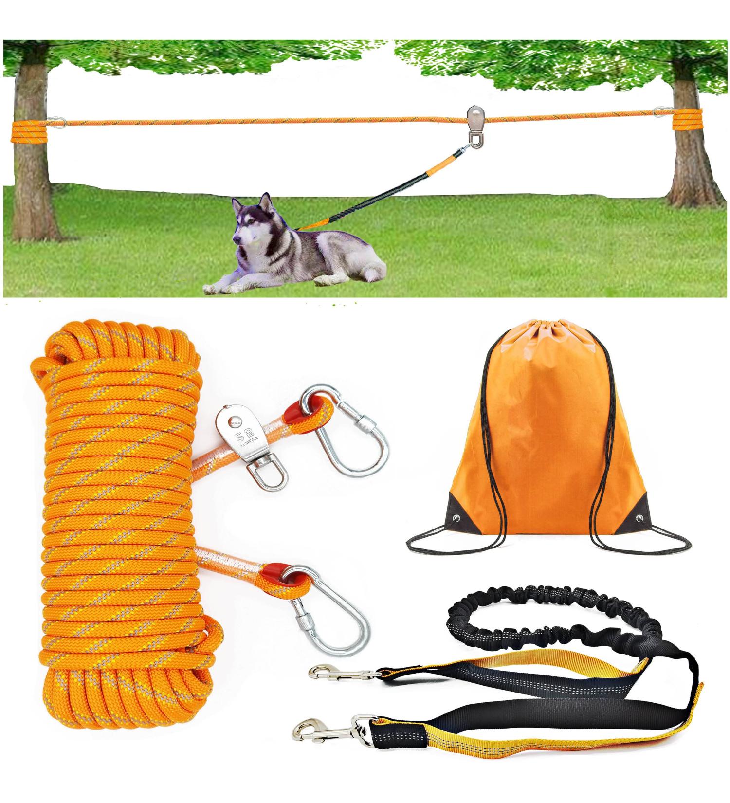 ZENGSUSU Dog Tie Out Cable 50ft for Large Dogs Up to 300LB Long Dog Lead Kit with Trolley System Runner Cable and 4ft Bungee Leash for Camping/Yard/Outside 50ft Reflective- 10mm - Buy Online on GoSupps.com