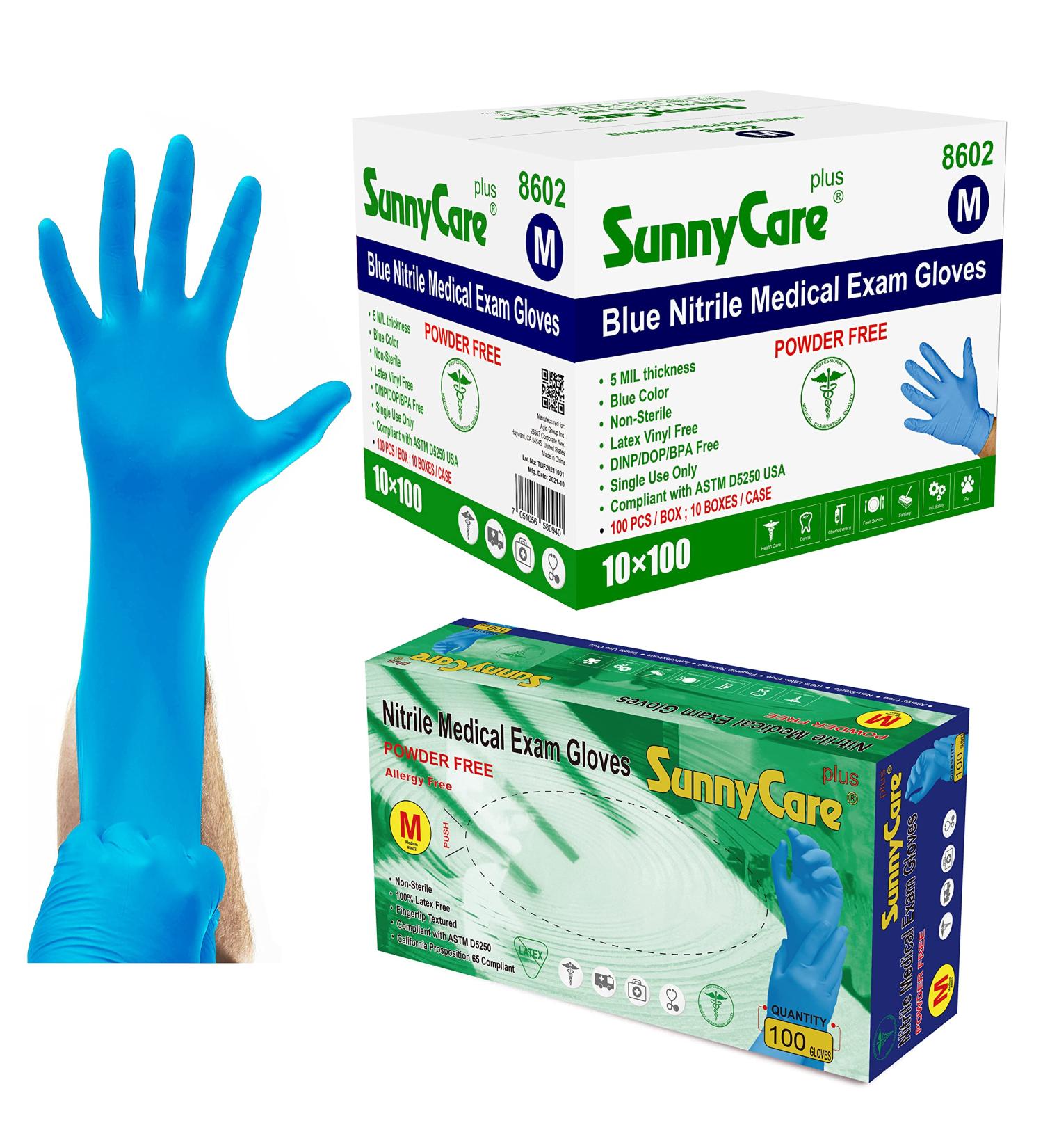 1000/case 8602 SunnyCare 5.0 mil Nitrile Exam Gloves Chemo-Rated (Non Vinyl Latex) Size: Medium Blue