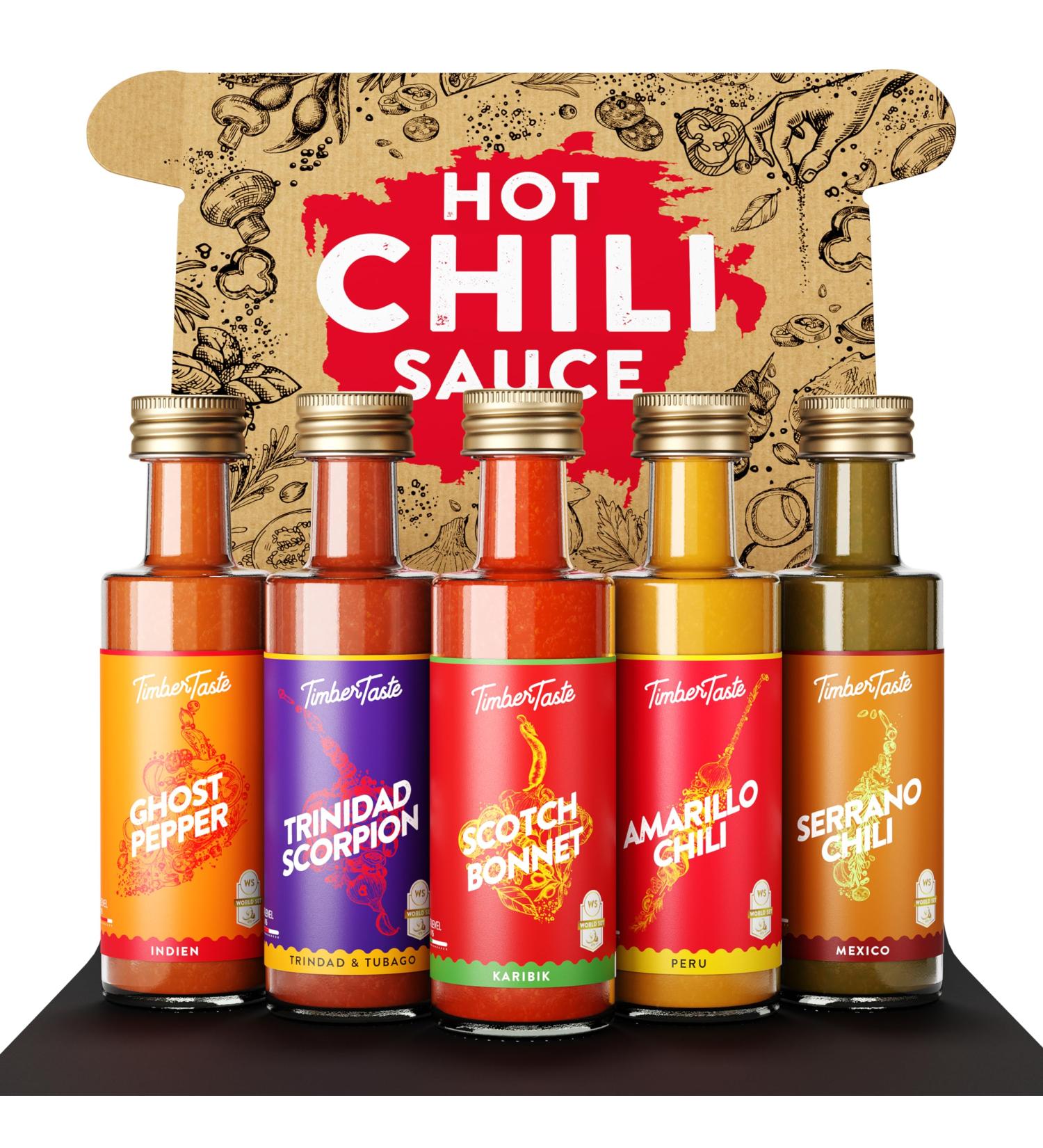 Timber Taste Chili Sauce Gift Set | Exotic Hot Sauce Collection | Perfect Gift for Fathers Day | 5 x 40 ml Sharp Sauces for Men & Women - Buy Online on GoSupps.com