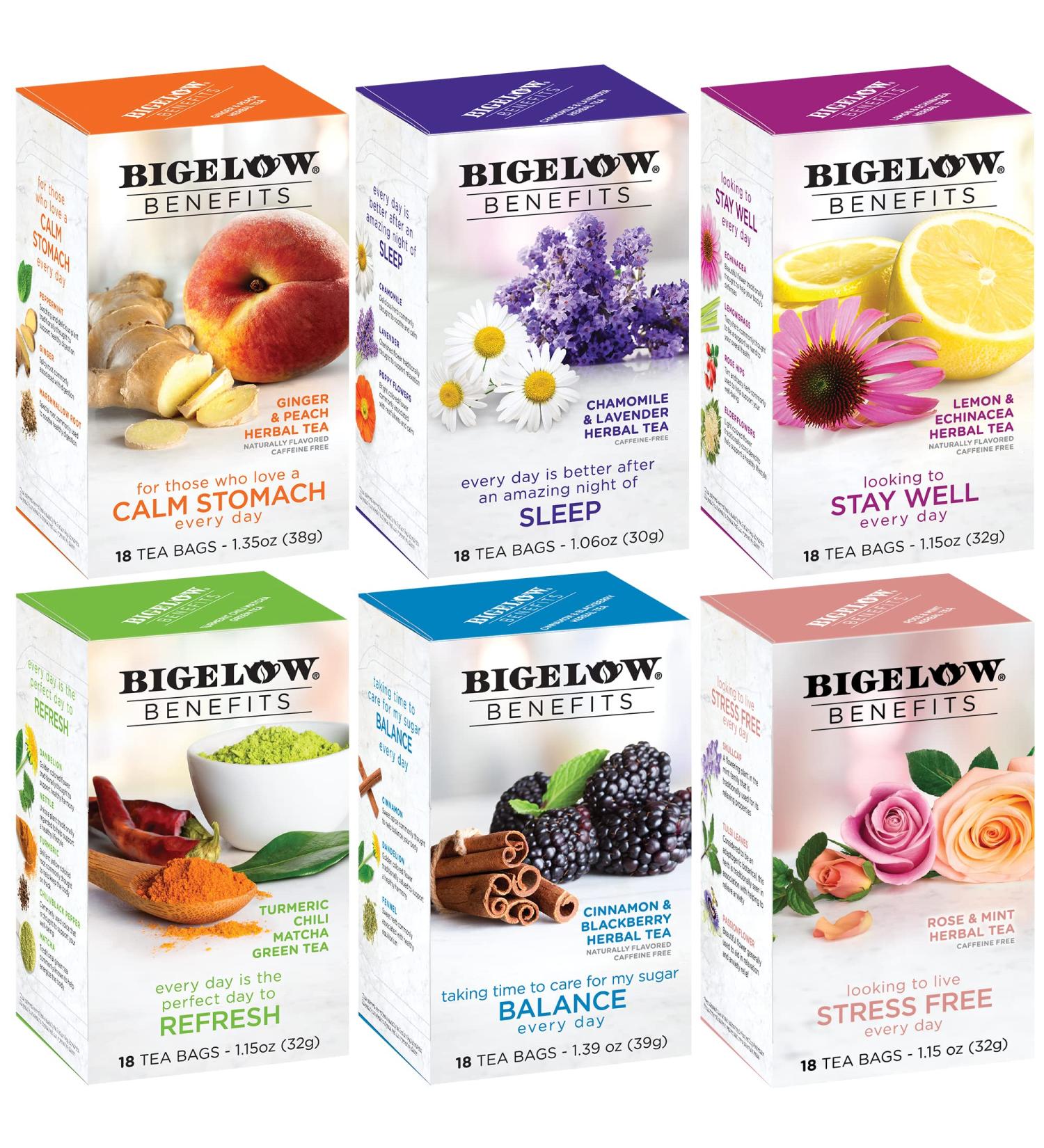 Bigelow Benefits Wellness Tea Variety Pack - 108 Total Tea Bags - Mixed Caffeinated Green Matcha & Caffeine-Free Herbal Tea - 6 Packs of 18 Count - Packaging May Vary - Buy Online on GoSupps.com