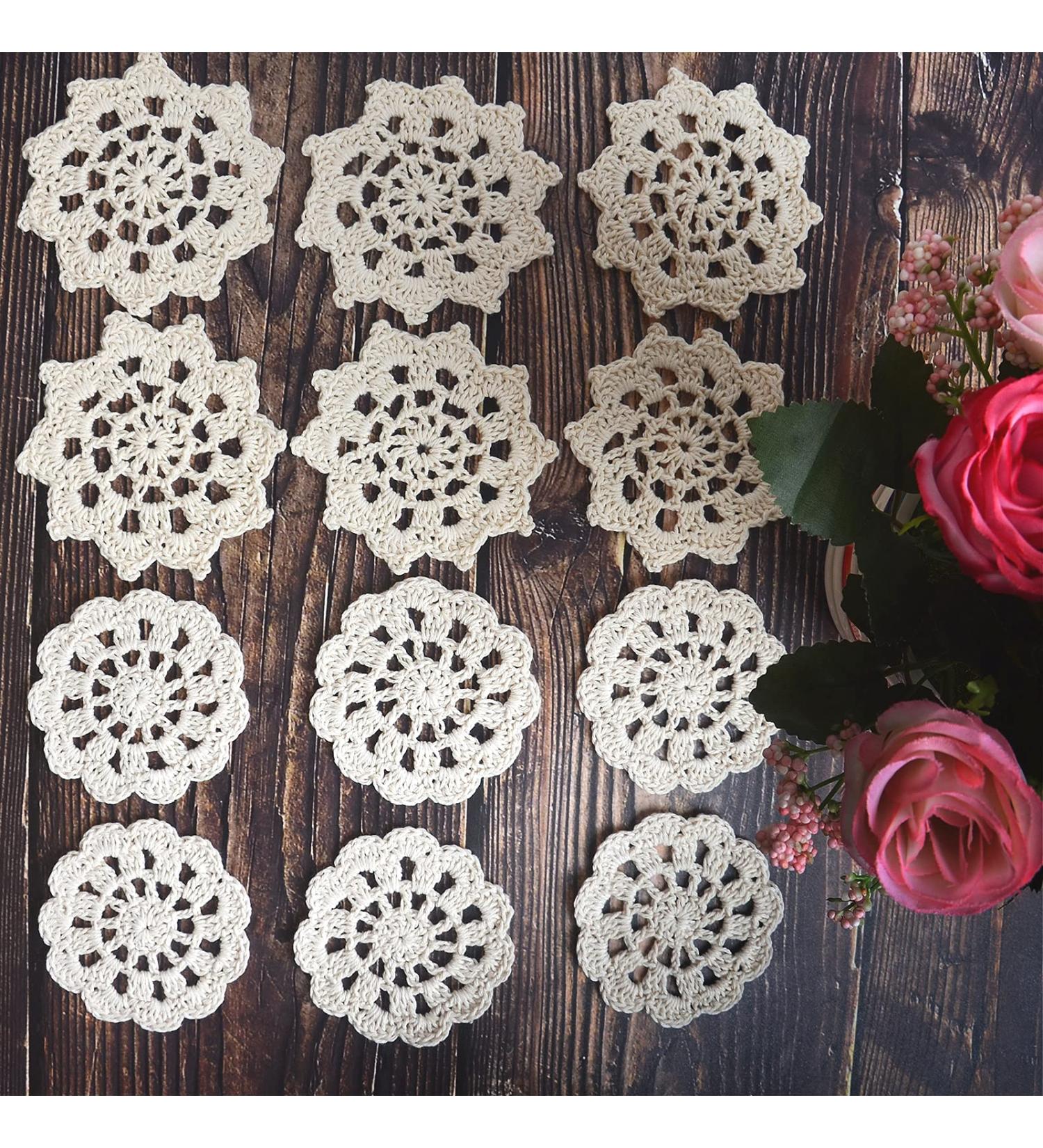 TOSSEY 12PCS Mini Vintage Handmade Crochet Doilies Flowers 100% Cotton Crochet Doilies Appliques Patches for Clothing Headbands Hats Gift Package Need (Beige) Beige 3" - Buy Online on GoSupps.com