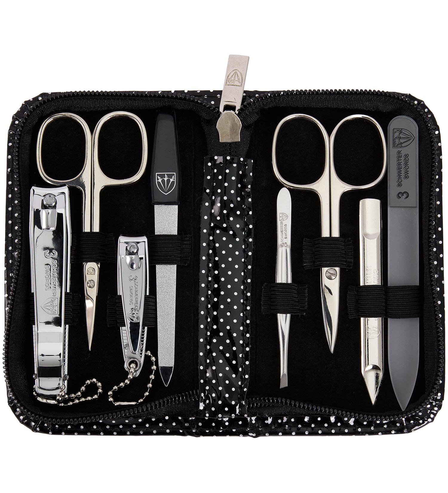 3 Swords Germany - brand quality 8 piece manicure pedicure grooming kit set for professional finger & toe nail care scissors clipper fashion leather case in gift box Made by 3 Swords (000446) BLACK - SILVER SPOTS - Buy Online on GoSupps.com