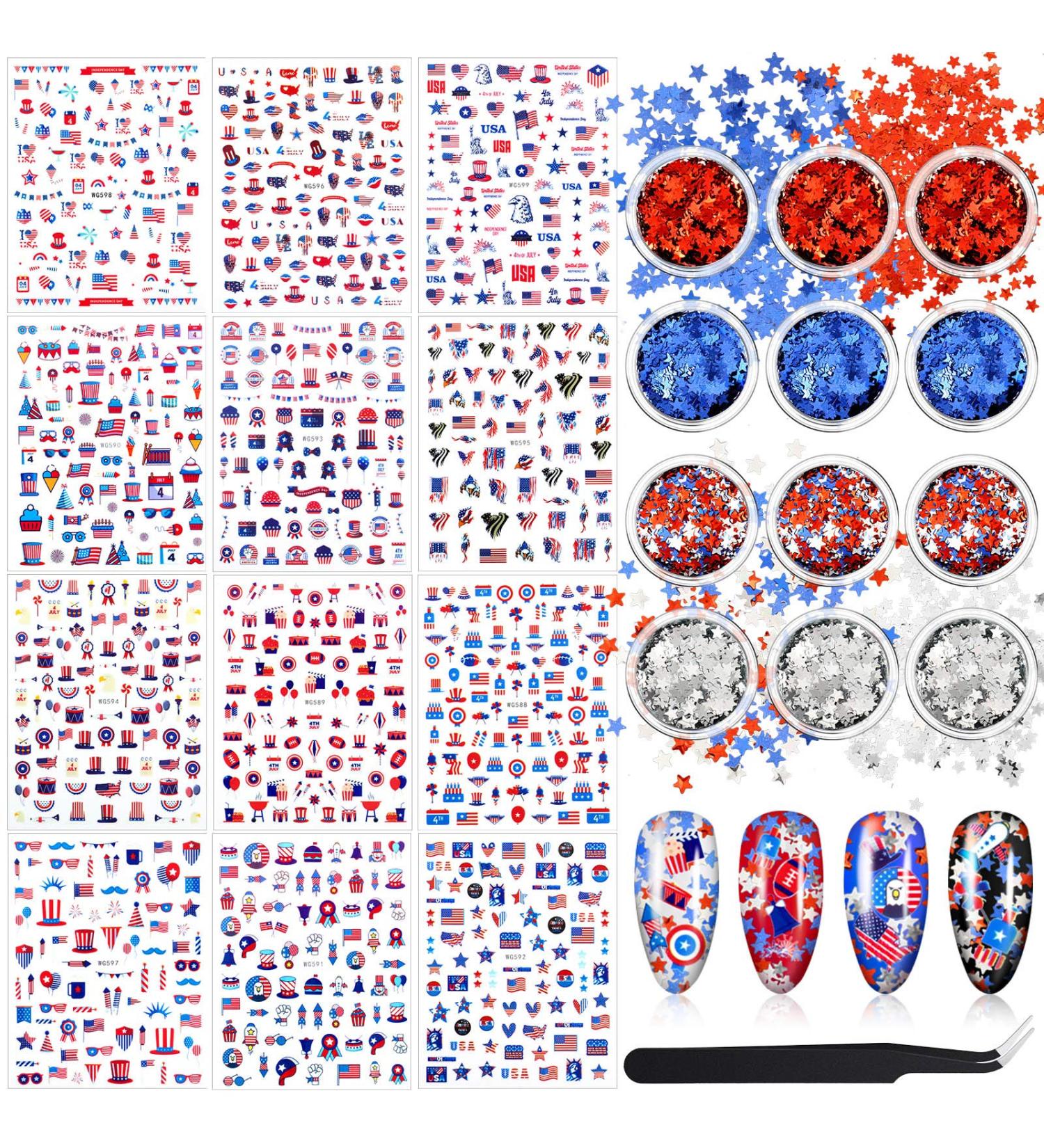 Patriotic Nail Art Set: 4th of July Stickers, Memorial Day Glitter, American Flag Decals - Buy Online on GoSupps.com