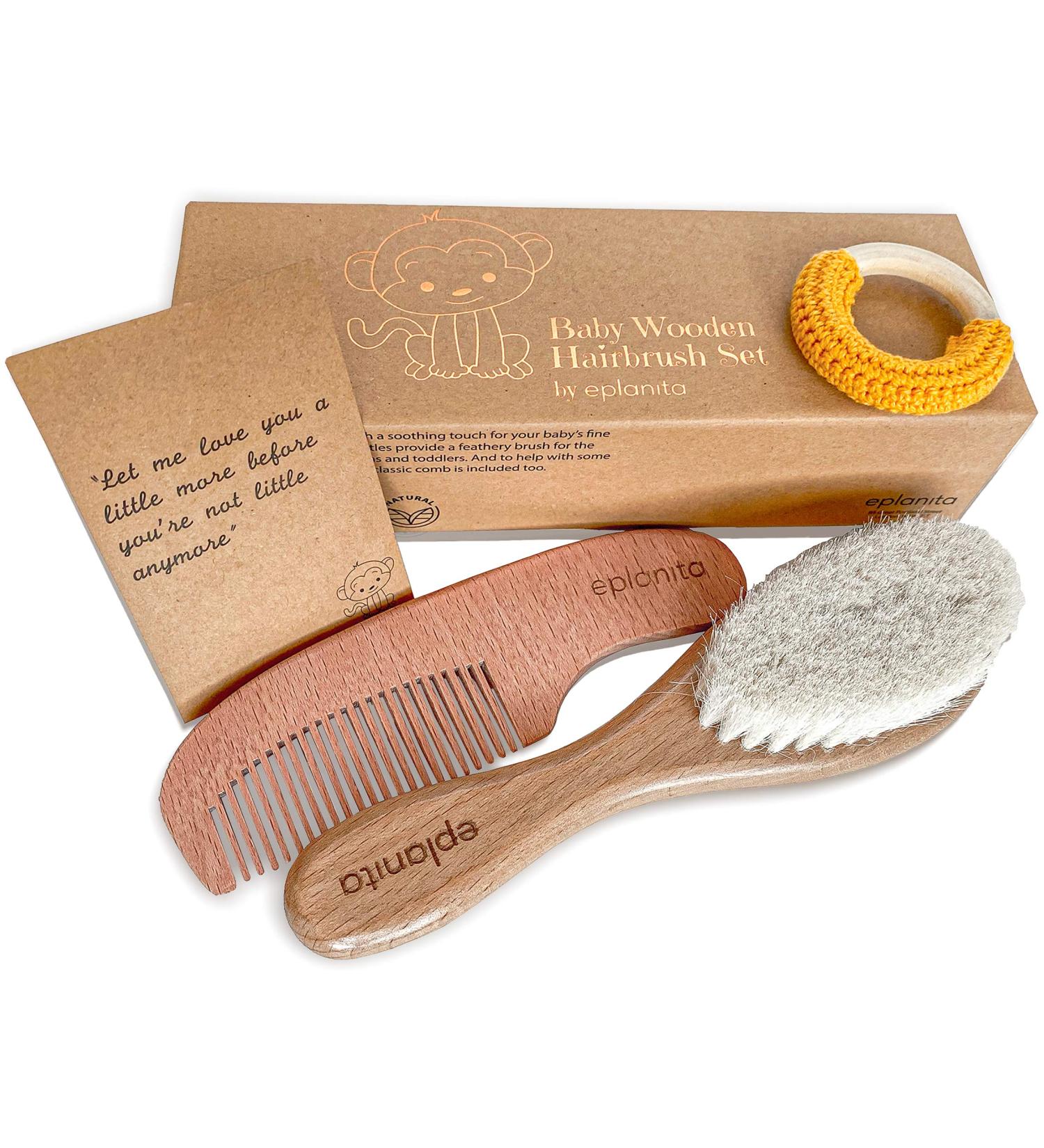 eplanita Baby Hair Brush and Comb Set for Newborns & Toddlers - Wooden with Natural Goat Bristles - Ideal for Cradle Cap, Massage, and Teething Relief - Perfect for Baby Registry or Baby Shower - Buy Online on GoSupps.com
