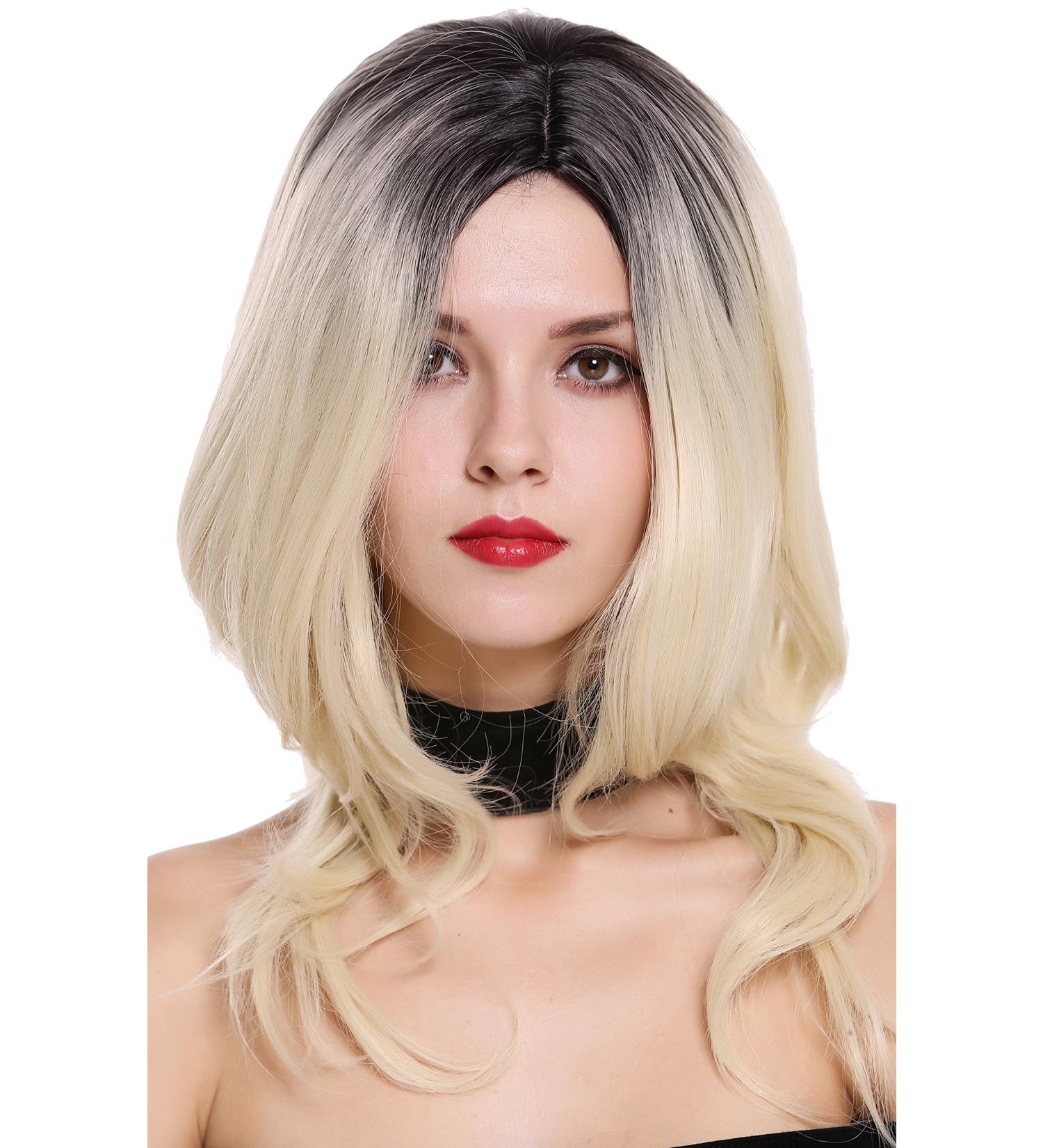 WIG ME UP ZM-1733-613CR1B | Voluminous Ombre Shoulder Length Ladies Wig - Black Platinum Blonde Slightly Wavy Middle Parting - Buy Online on GoSupps.com