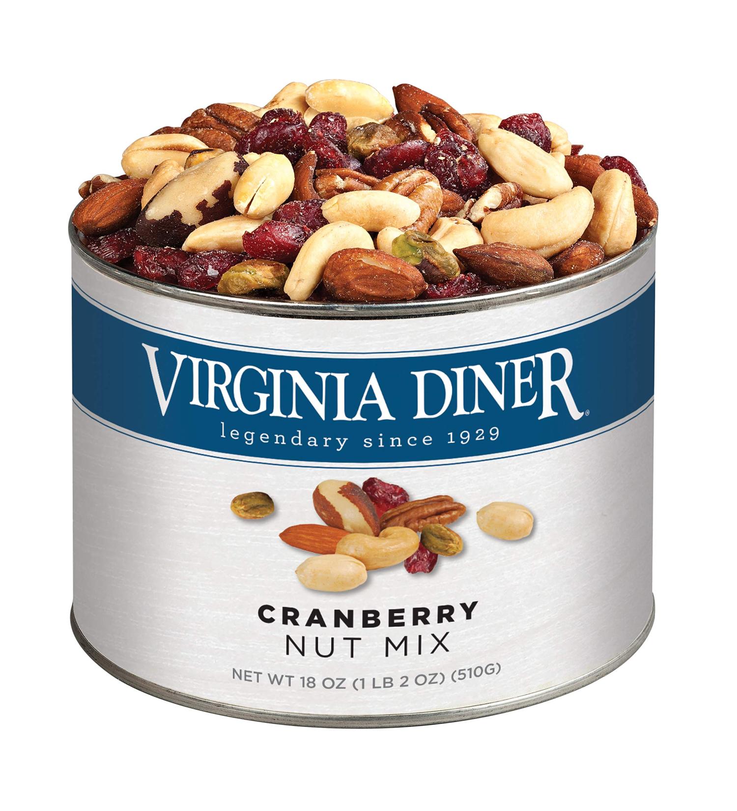 Virginia Diner - Gourmet Natural Cranberry Nut Mix (Virginia Peanuts Almonds Cashews Pecans Pistachios Brazil Nuts & Dried Cranberries) 18 Ounce Tin