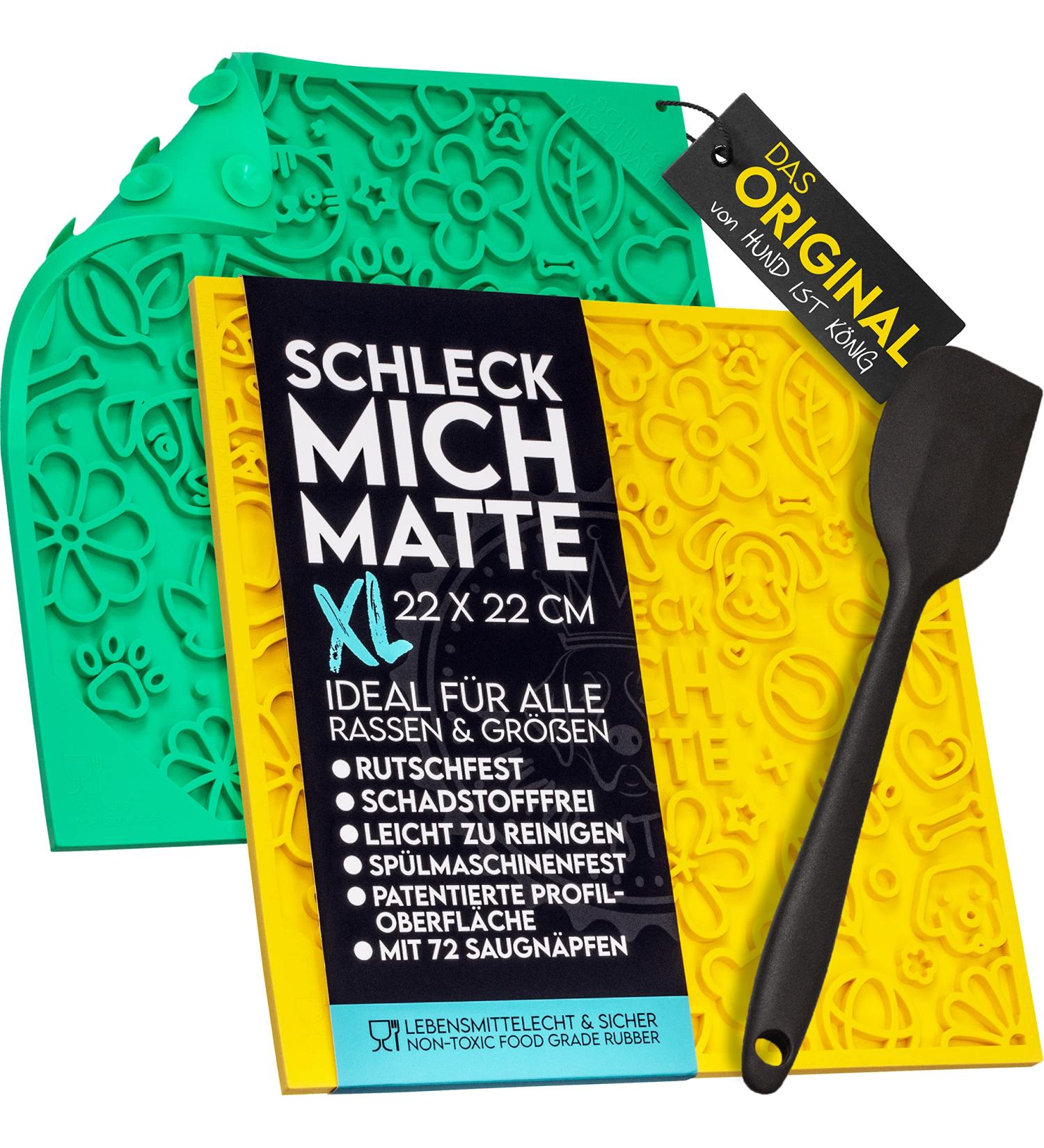 Dog is K nig Leak Mat for Dogs - Patented Suction Cup Design 2-Pack (22x22cm) with Spatula & Recipes Book - Food-Safe & Dishwasher-Resistant in Mint Green & Habanero Yellow - Buy Online on GoSupps.com