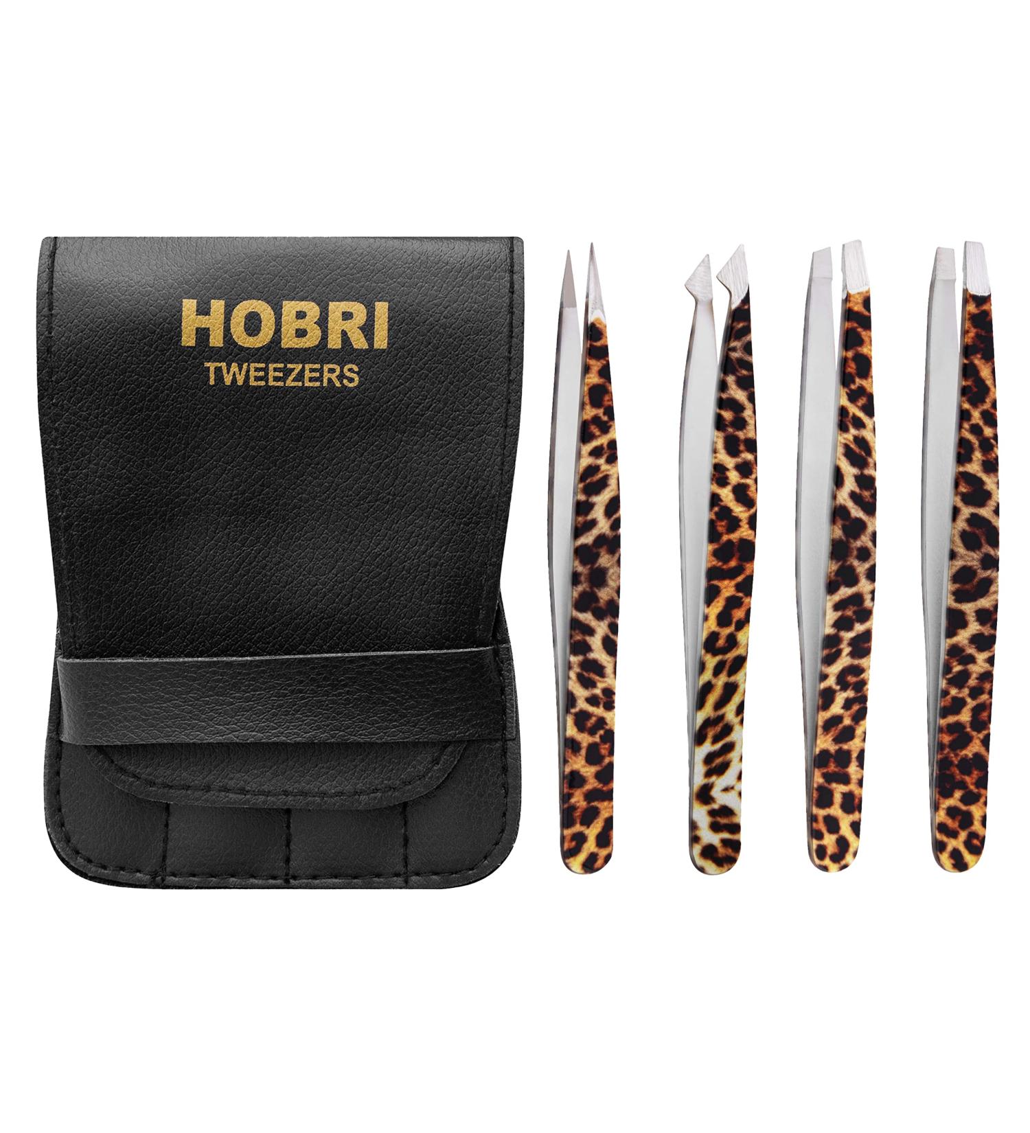 Professional Stainless Steel Eyebrow Tweezers Set - 4 Pieces with Travel Case | Leopard Style - Beauty and Personal Care Tool - Buy Online on GoSupps.com