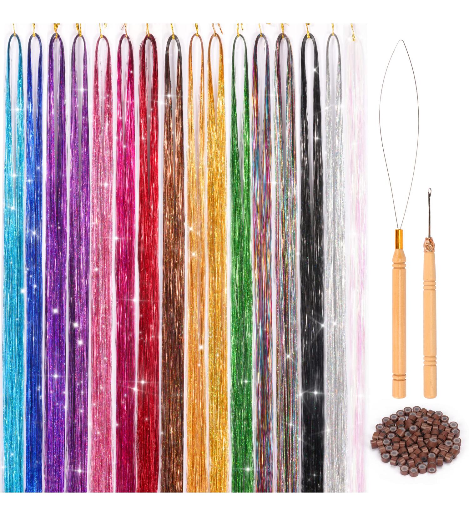 16 Colors Hair Tinsel Kit - 48 Inches, 3300 Strands - Fairy Hair Extensions for Christmas, Halloween, Cosplay - Sparkling Highlights - Buy Online on GoSupps.com