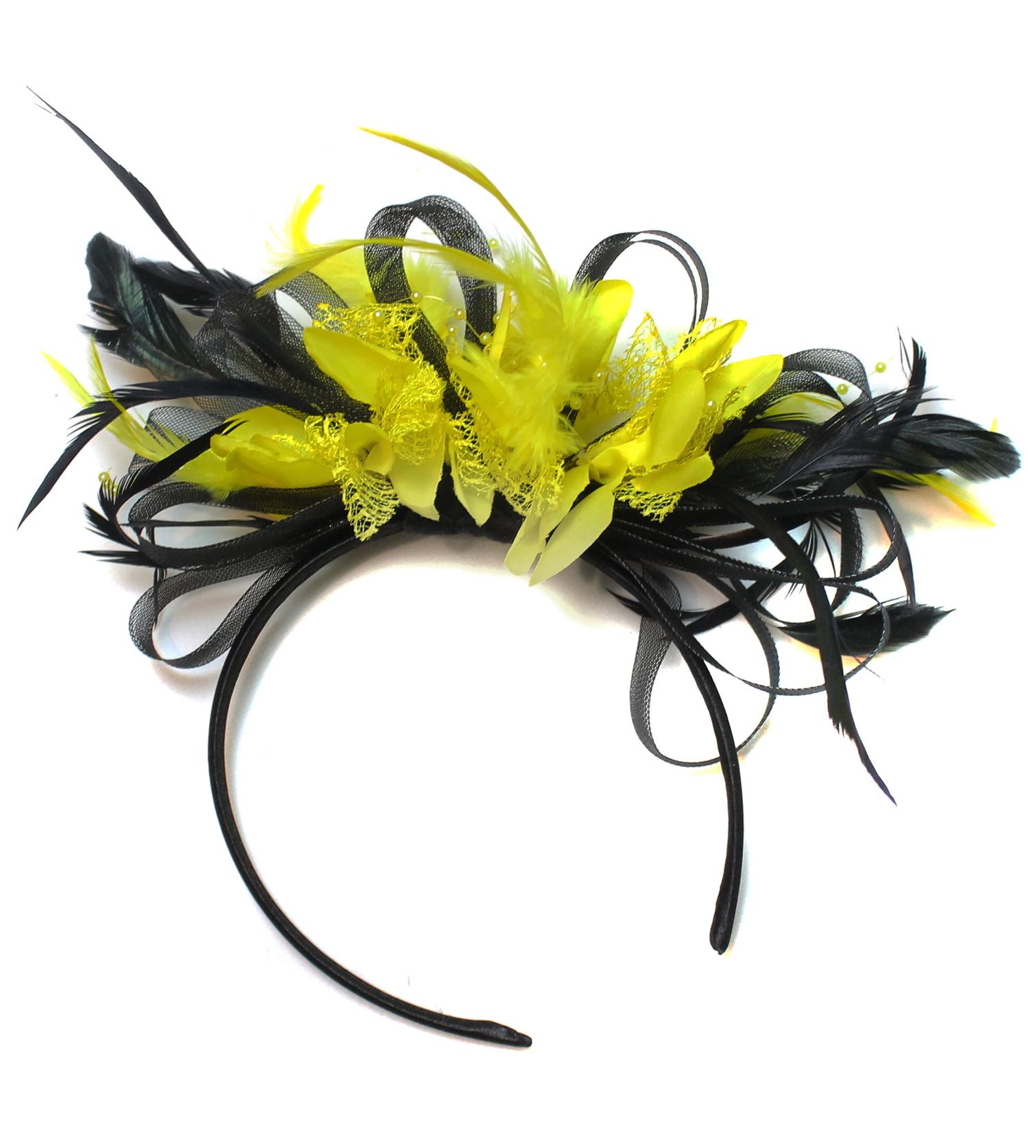 Caprilite Black and Yellow Net Hoop Feather Hair Fascinator Headband Wedding Royal Ascot Races