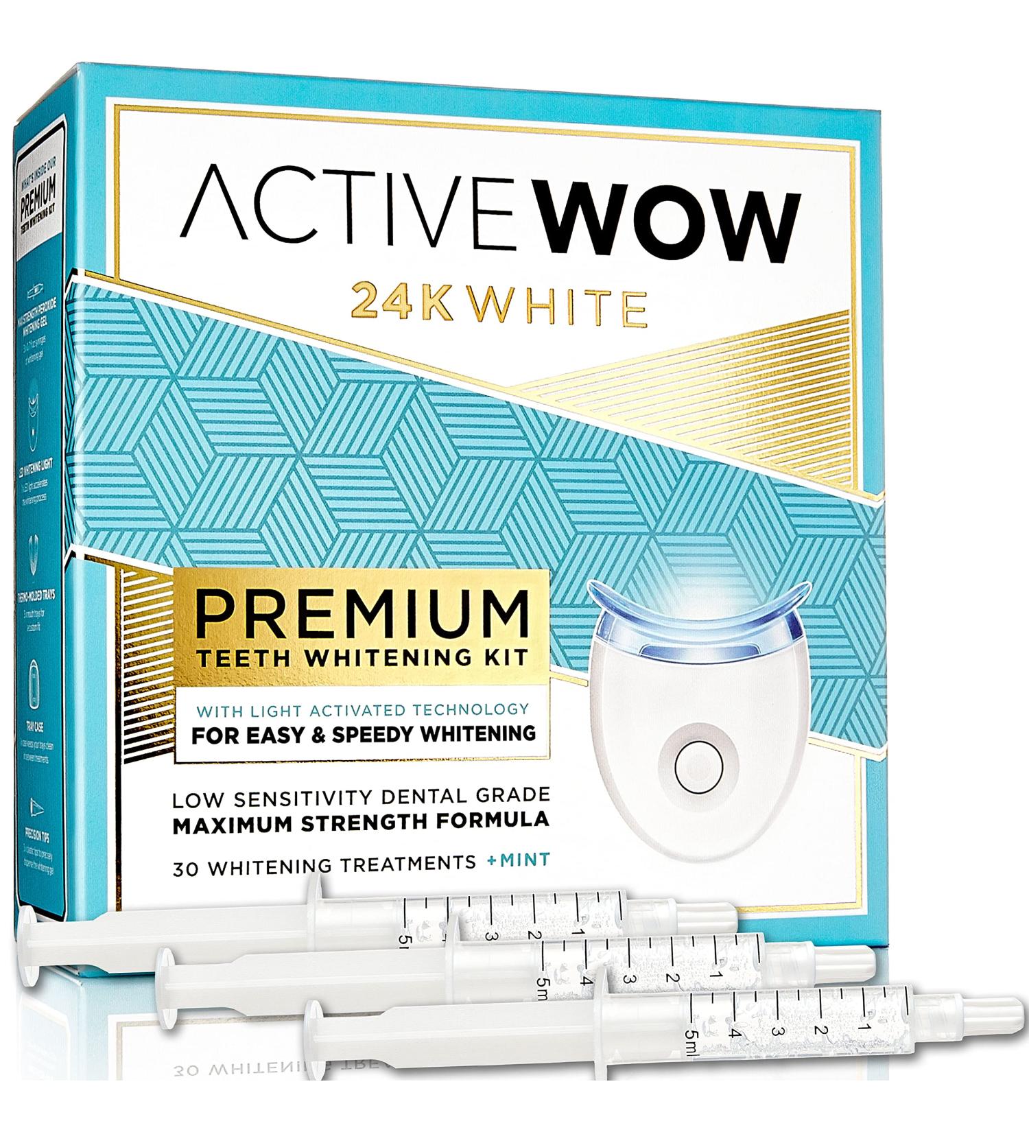 Active Wow 24k White Teeth Whitening Kit - LED Light, All Natural Formula, Mint Flavor - 30 Treatments - Buy Online on GoSupps.com