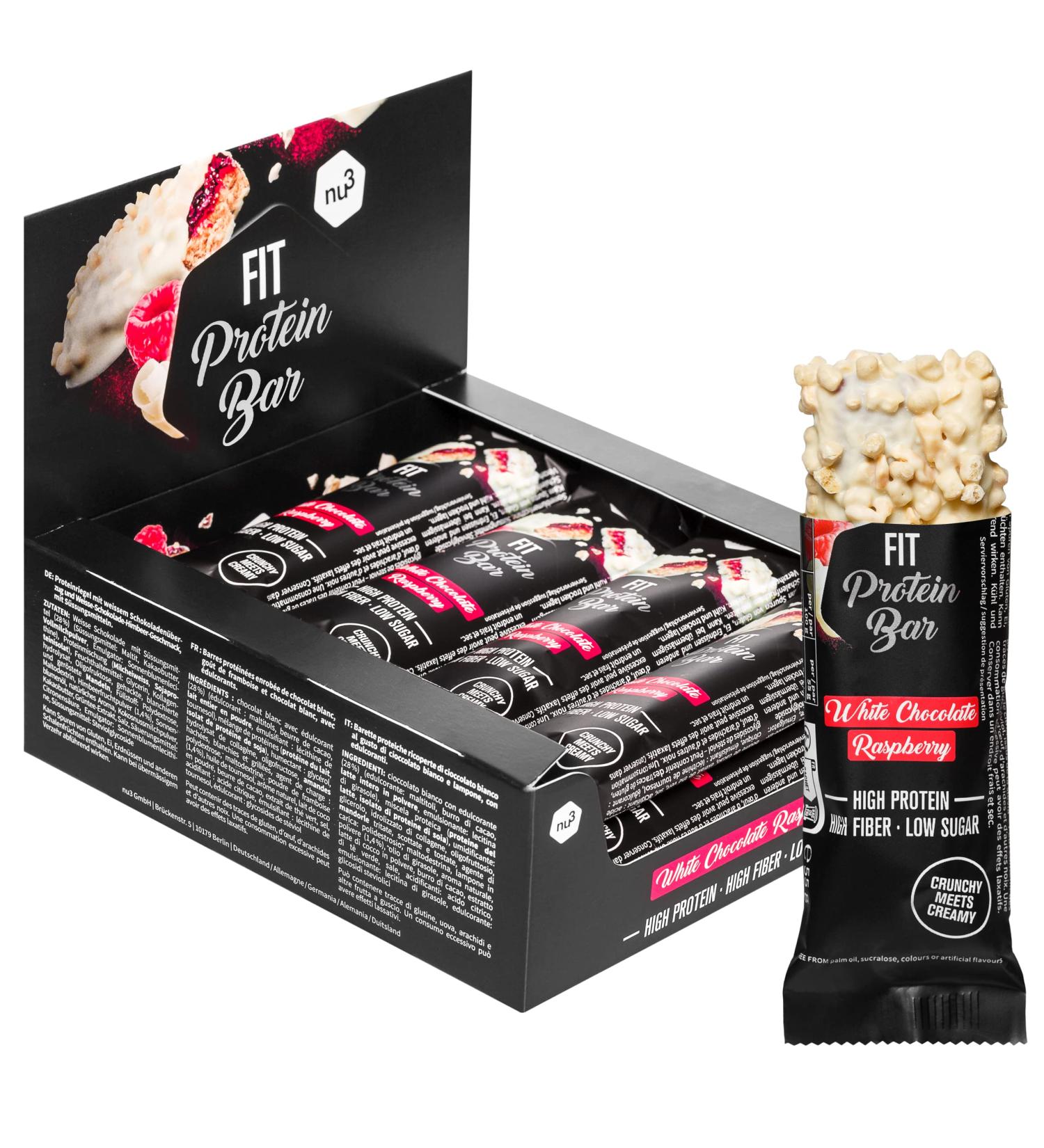 nu3 Fit Protein Bar White Chocolate Raspberry 12 x 55g - high protein bar with 17.6g protein per bar - palm oil and aspartame free - 2.5g sugar per bar - milk protein - Buy Online on GoSupps.com