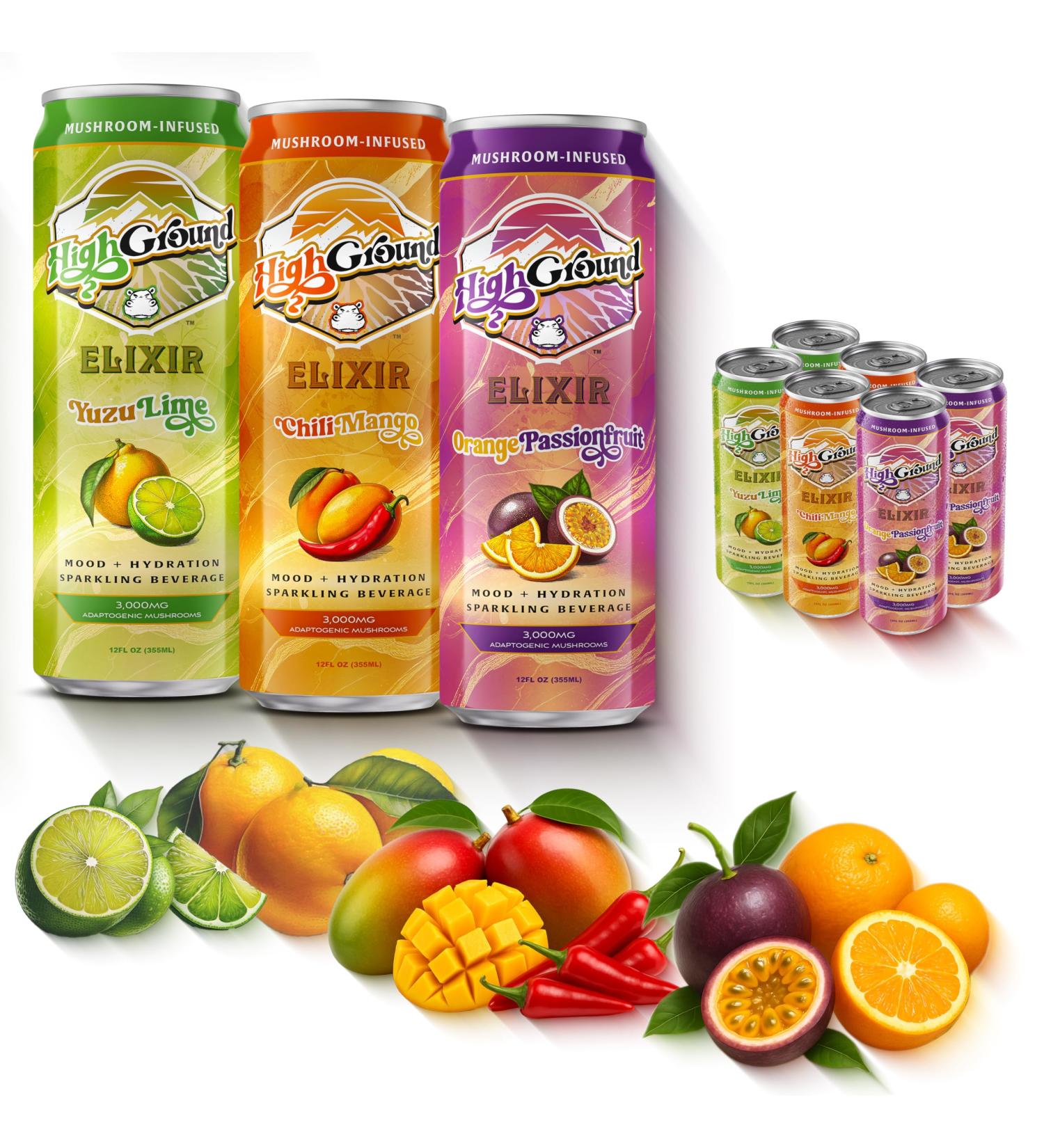 High Ground Elixir Mushroom Seltzer Variety Pack | Lion s Mane for Focus Reishi for Stress Cordyceps Chaga Turkey Tail L-Theanine | Adaptogen Drink | Low Cal No Added Sugar 12oz Cans 6 Pack Variety Pack 6 Pack - Buy Online on GoSupps.com