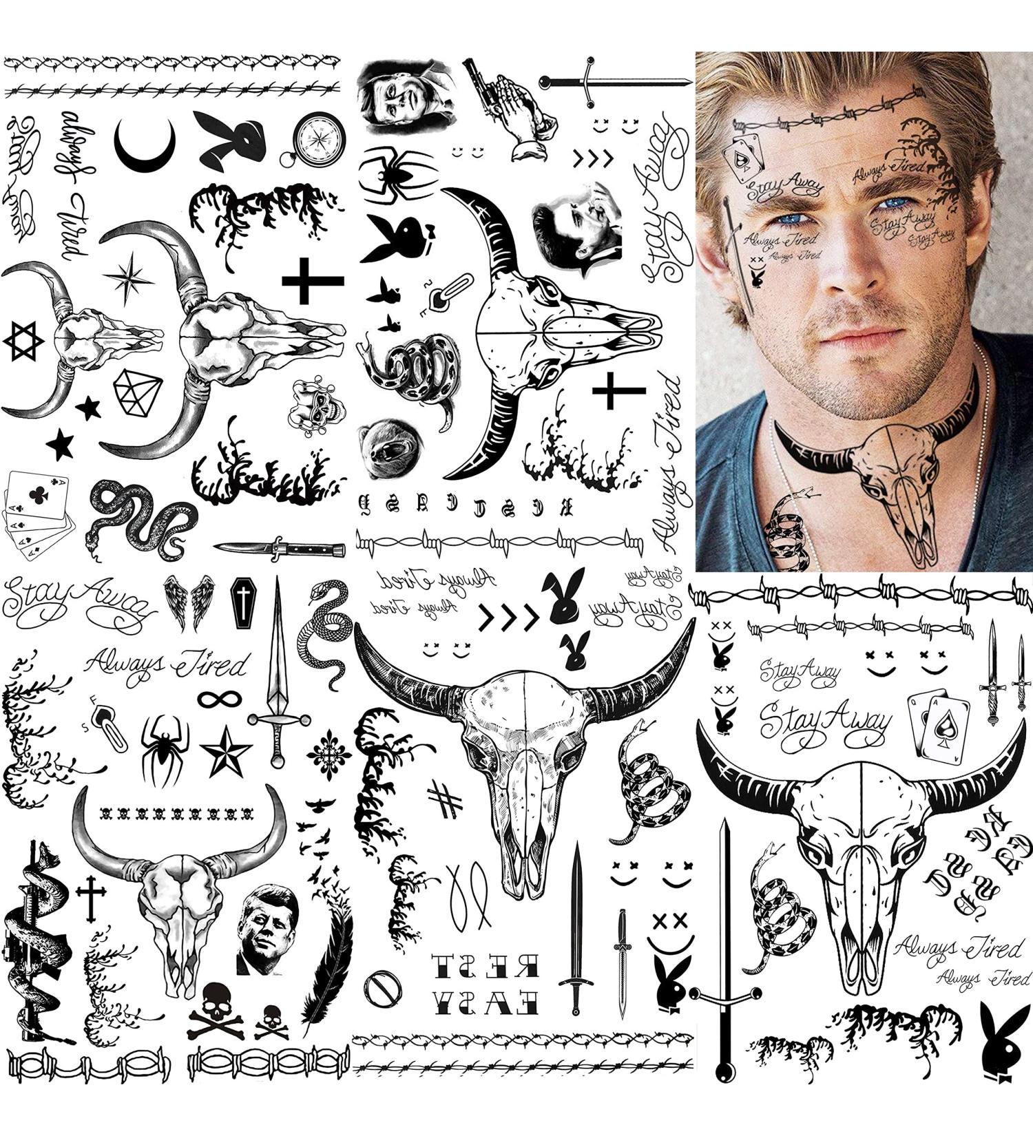 Rejaski 5 Sheets Large Post Malone Temporary Tattoos - Halloween Fake Face & Barbed Wire Rapper Tattoo Sticker Set for Men Women Adults - Buy Online on GoSupps.com