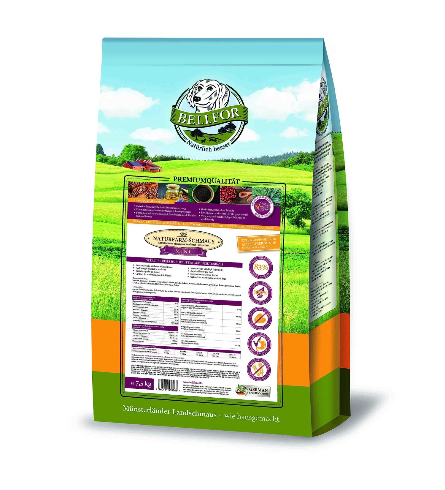 Bellfor Naturfarm-Schmaus Mini Hypoallergenic Grain-Free Dog Food with Insects 7.5 kg - for Small Breeds - Buy Online on GoSupps.com