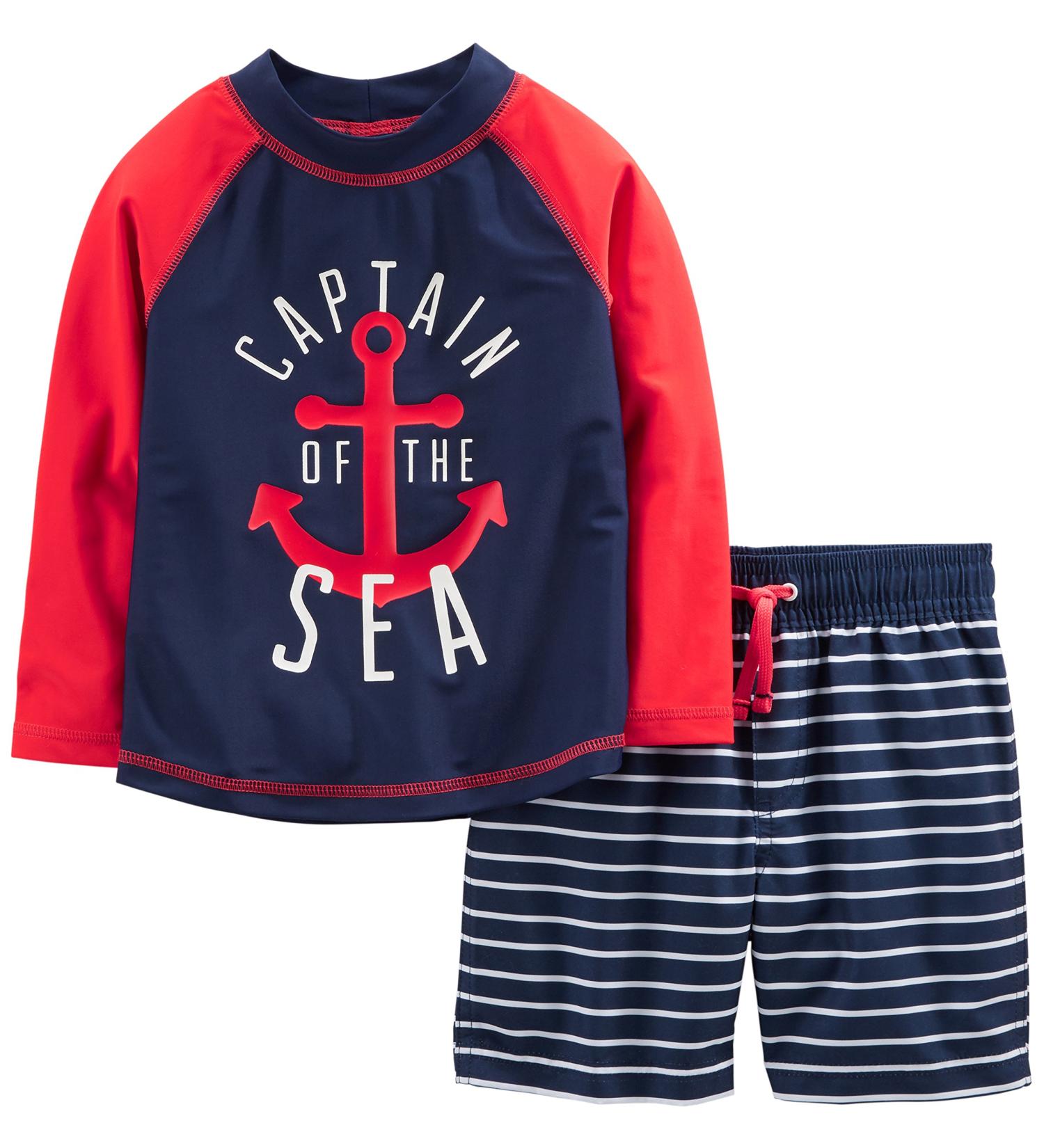 Simple Joys by Carter's Baby Boys' Swimsuit Trunk and Rashguard Set - Navy Red Anchor/White Stripes (3-6 Months) - Buy Online on GoSupps.com