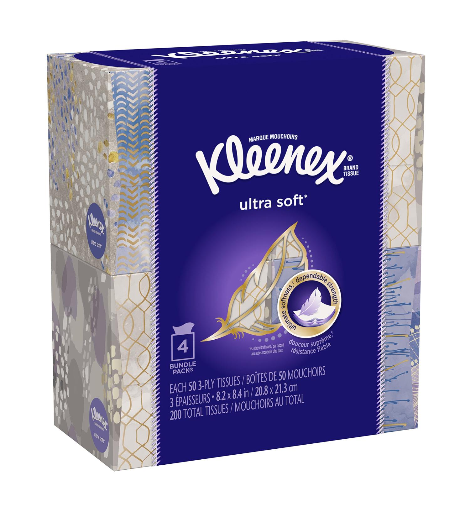 Kleenex Ultra Soft Facial Tissues, Cube Box, 50 Tissues per Cube Box, 4 Packs