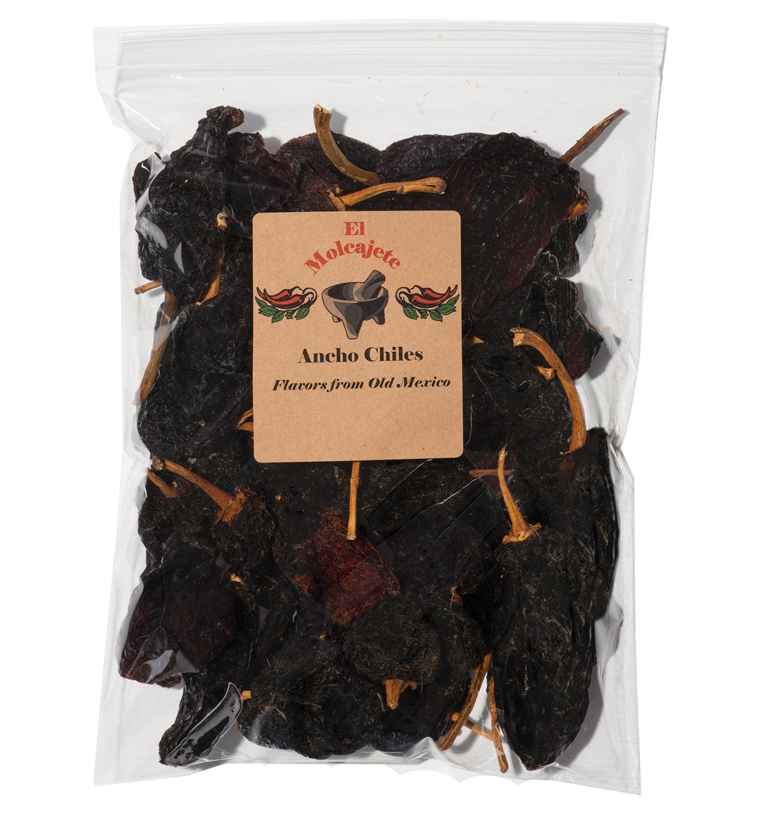 El Molcajete Brand Dried Ancho Chiles Peppers 16 oz Bag - Mexican Recipes for Chilis, Tamales, Salsa, Meats, Soups, Mole, Stews & BBQ - Buy Online on GoSupps.com