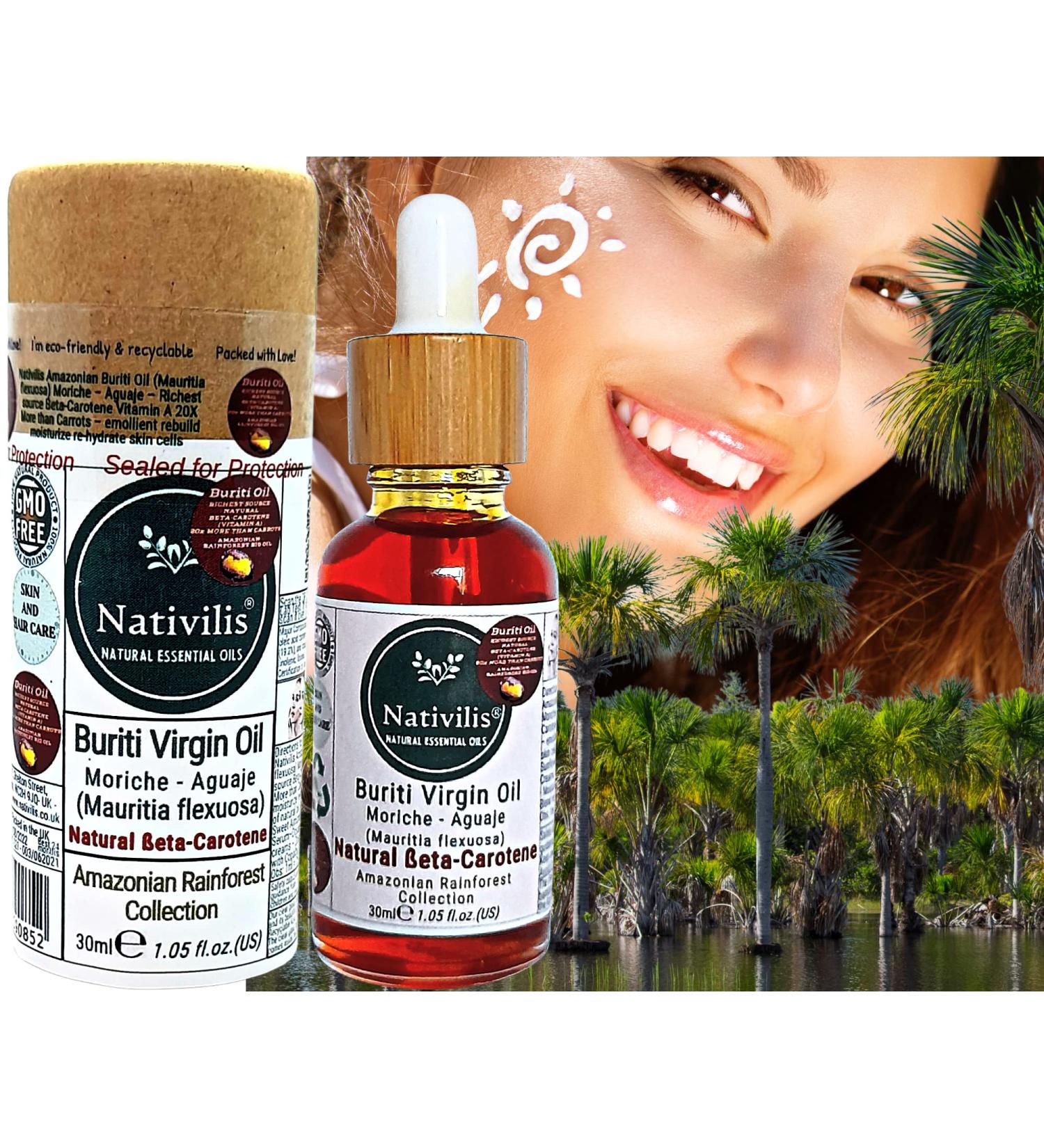 Nativilis Amazonian Buriti Oil (Mauritia flexuosa) Moriche Aguaje Richest source Beta-Carotene Vitamin A 20X More than Carrots emollient rebuild moisturize re-hydrate skin cells - Copaiba - Buy Online on GoSupps.com
