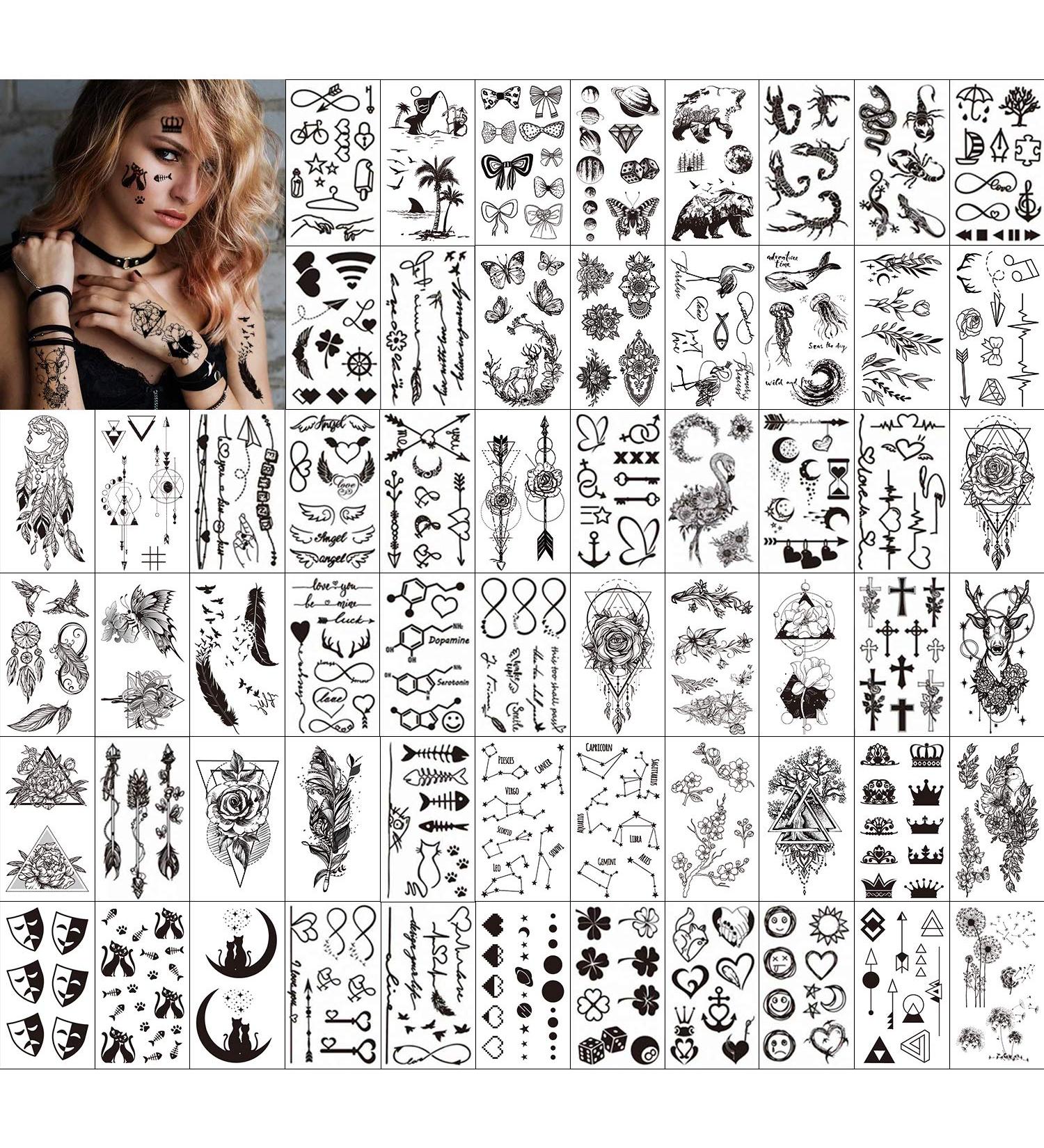 Konsait Temporary Tattoos (60 Sheets) for Adults & Kids - Waterproof Fake Black Tribal Body Art Stickers with Totem, Flower, Butterfly, Shark, Feather Designs - Buy Online on GoSupps.com