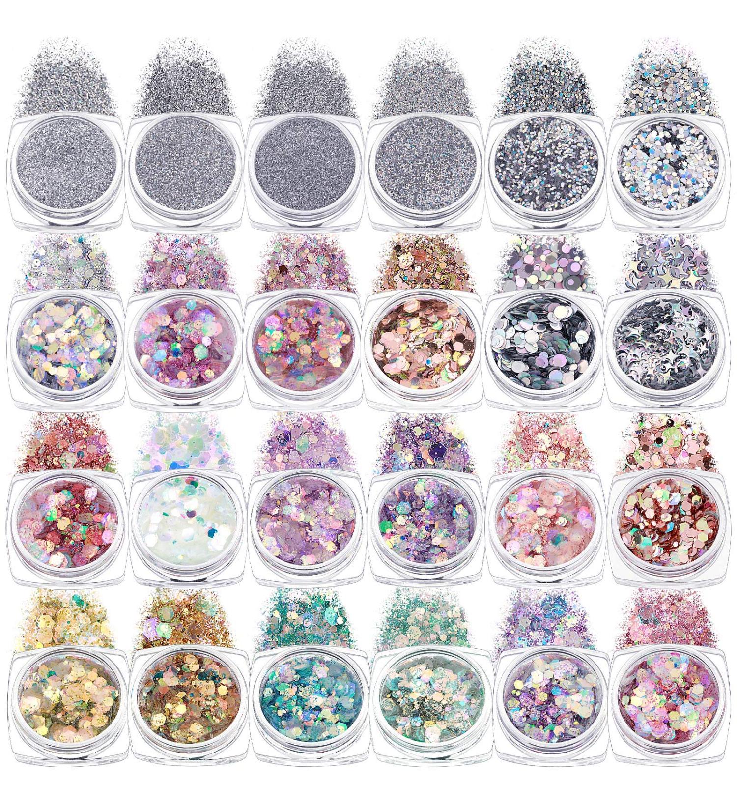 24 Boxes Holographic Nail Art Sequins Sets - Glitter Mermaid Powder Decorations for Manicure, Face, Eyes, Body, Hair - Chic Pattern - Buy Online on GoSupps.com