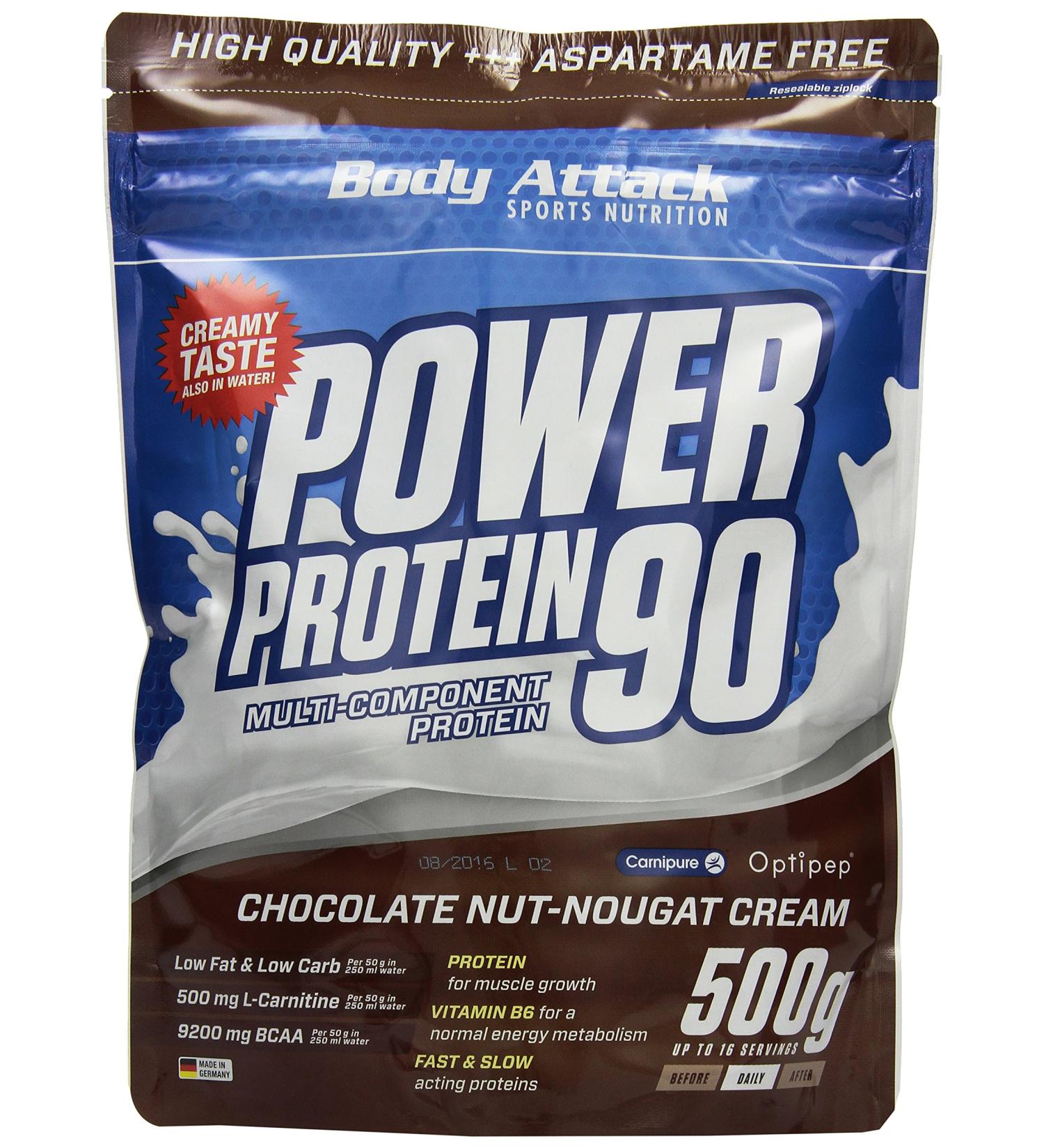 Body Attack Power Protein 90 - Chocolate Nut Nougat 500g | Multi-Component Protein Powder with BCAA & Vitamins | Extra Creamy Protein Shake - Made in Germany - Buy Online on GoSupps.com
