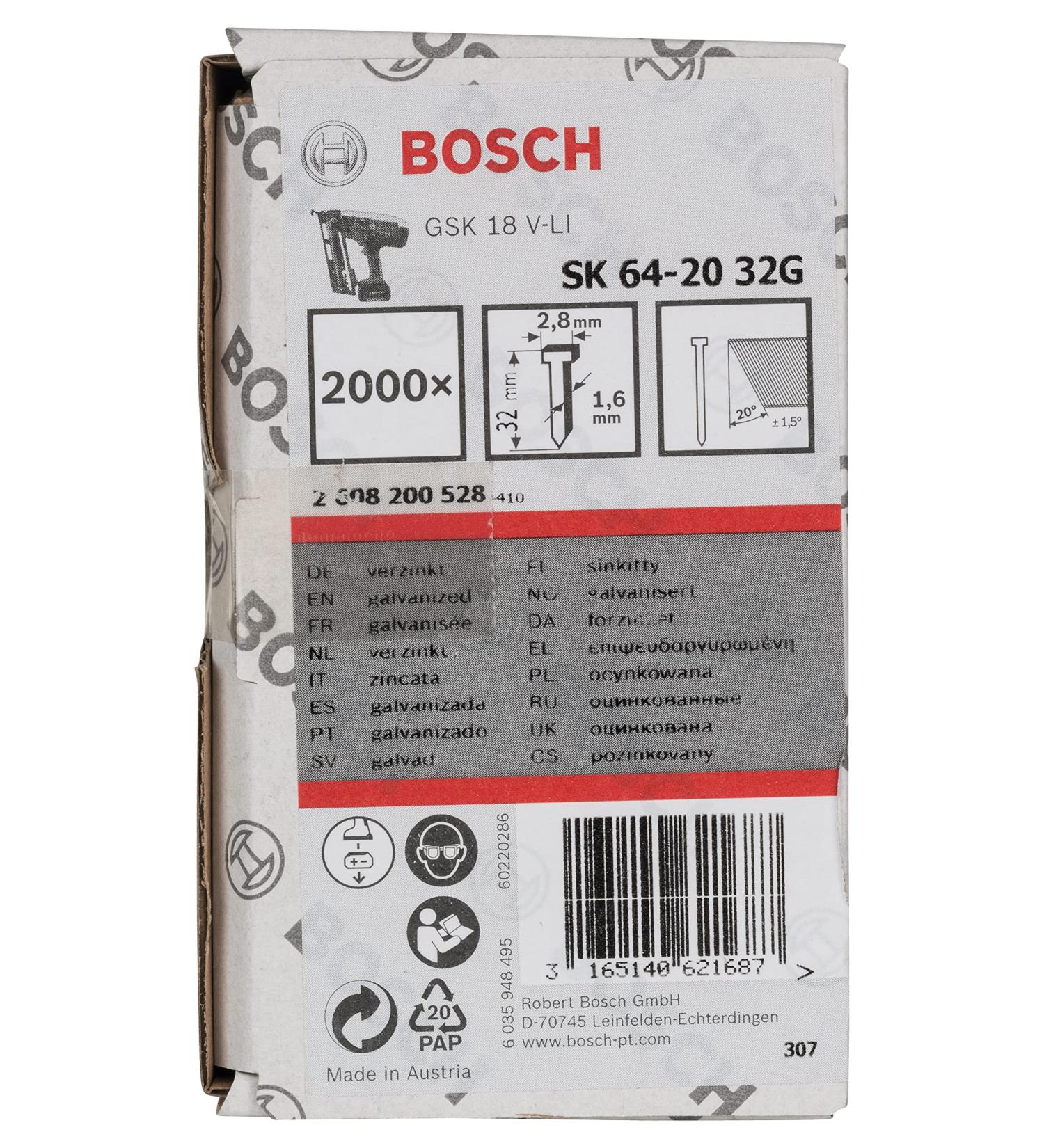 Bosch Professional 2000x Finish Nails SK64 20G (1.6/16 g 20 2.8x1.35x32 mm Galvanised Accessories for Nail Guns Pneumatic Nailers) - Buy Online on GoSupps.com