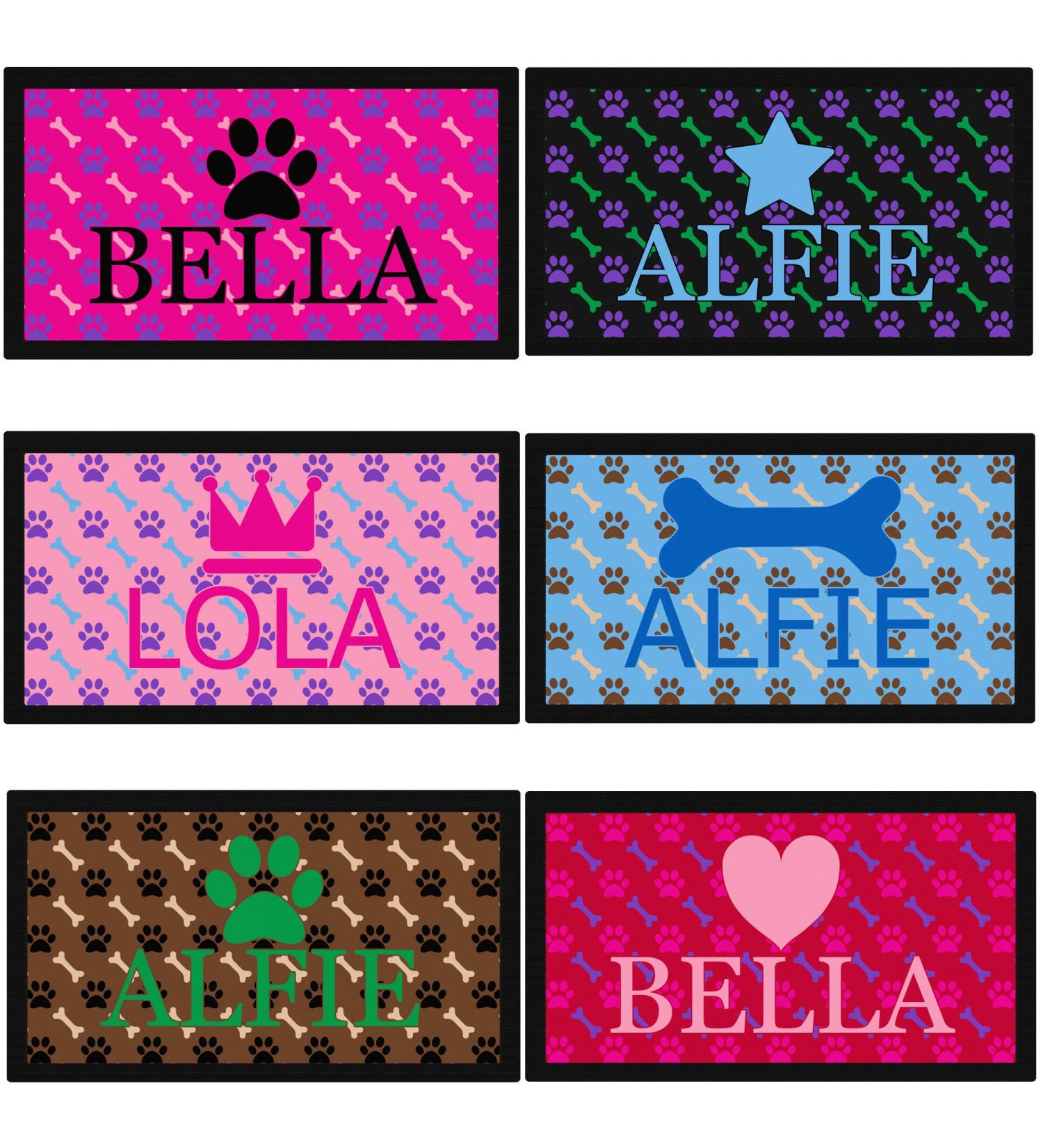 Feeding bowl mat for dogs paw and bone motif rubberized bottom customizable with name and emoji