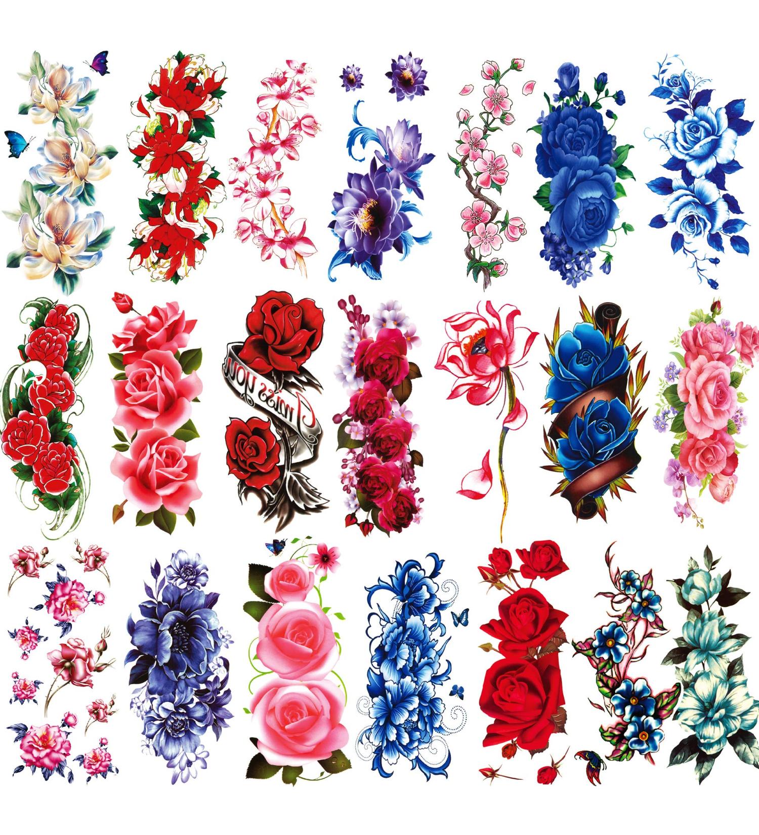 Kotbs 21 Sheets Sexy Flower Temporary Tattoos for Women  Waterproof 3D Bright Flora Tattoo Stickers for Girls  Rose  Peach Blossom  Chrysanthemum Various Tattoo Flower Temporary Fake Tattoos Floral