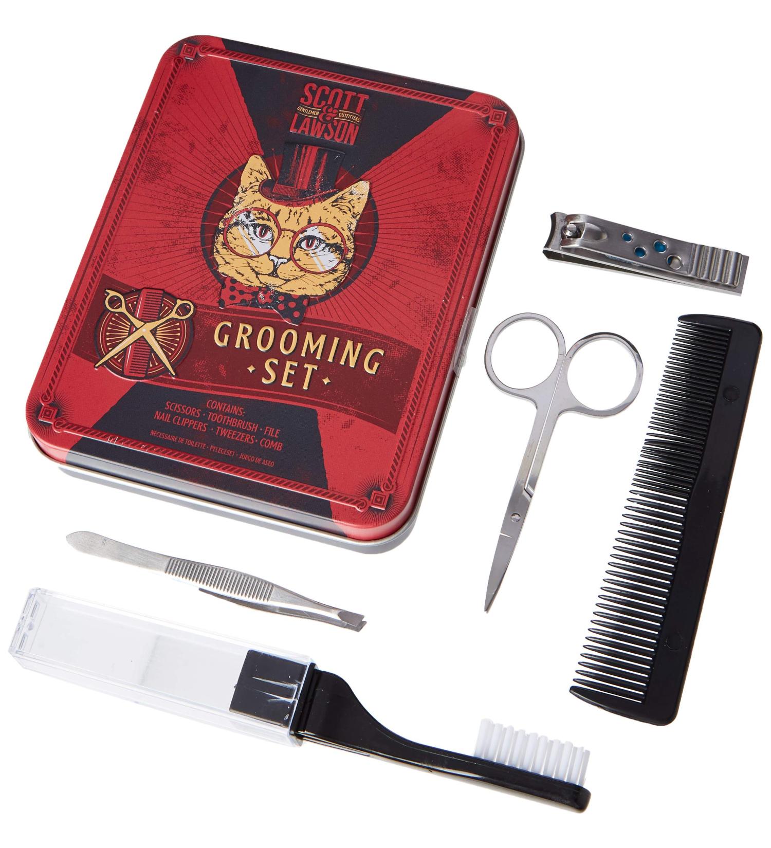 Paladone Scott and Lawson Grooming Set | Contains Scissors Nail Clippers File Tweezer Toothbrush and Comb | Grooming Kit in Handy Storage Tin | Great for Use At Home or On The Go