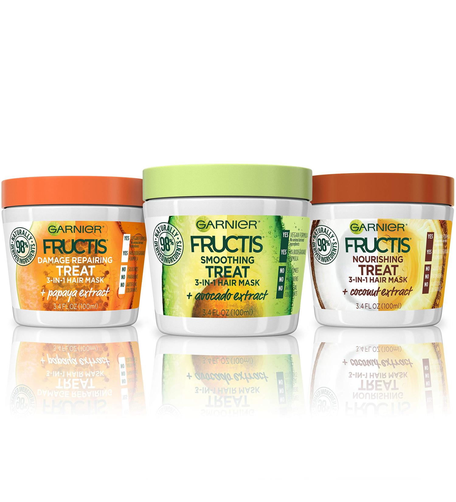 Garnier Fructis Treats Hair Masks Variety Pack with Coconut, Papaya, and Avocado - 3.4 Fl Oz (Pack of 3) - Nourishing and Repairing Hair Treatment - 3 Count - Buy Online on GoSupps.com