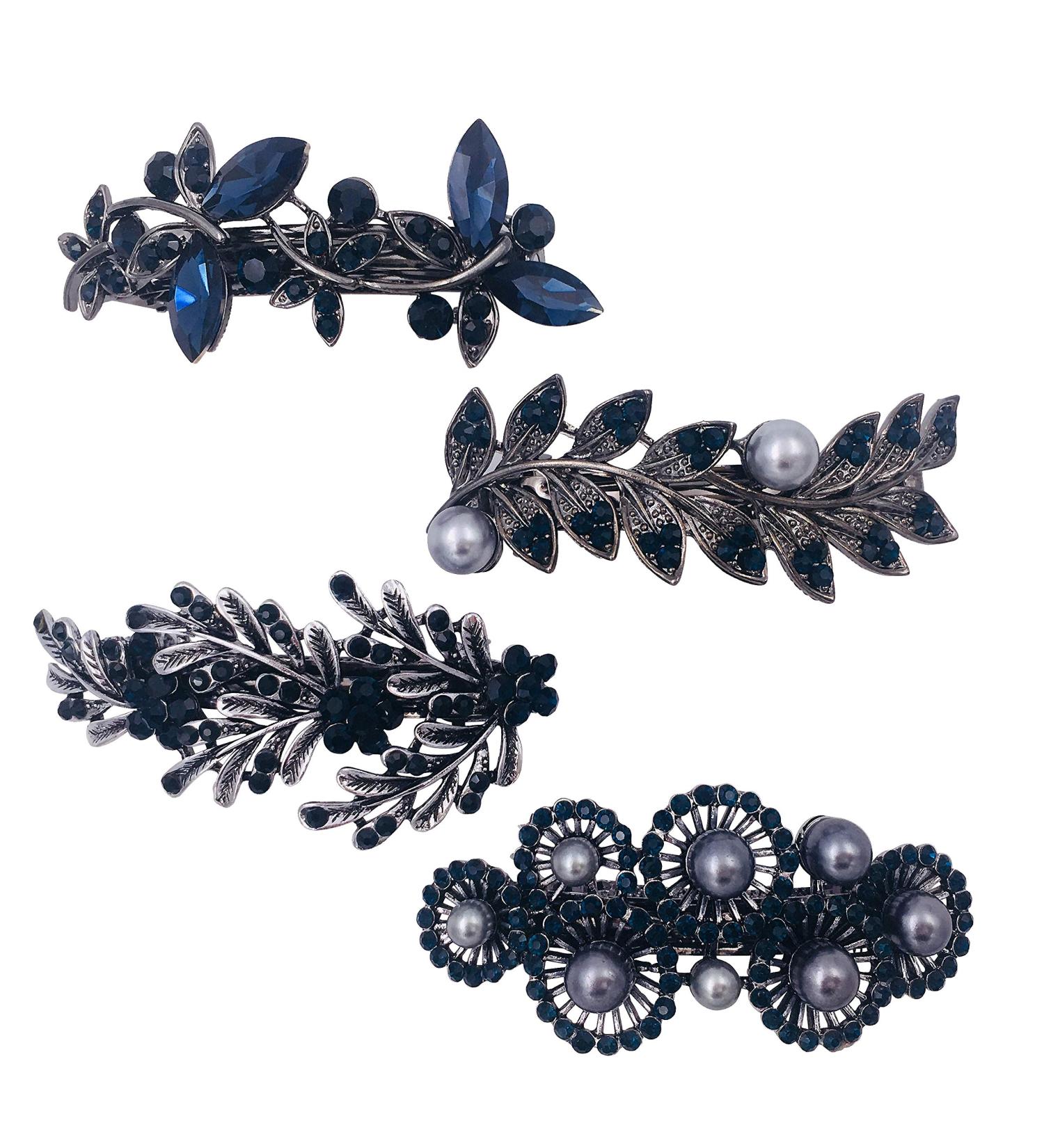 Vintage Silver French Barrette Set with Rhinestone & Pearl Detail - 4PCS Hair Clip Accessories for Women - Buy Online on GoSupps.com