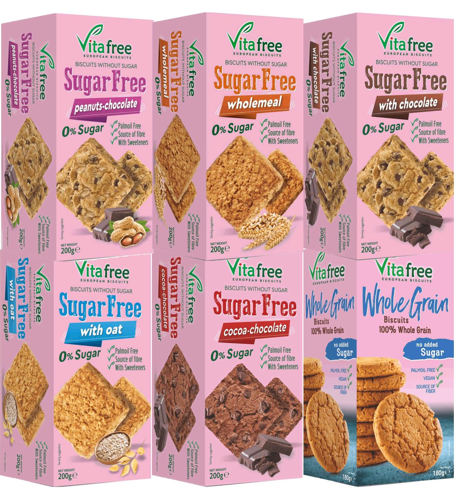 Vitafree Cookies Biscuits Sample Set - 6 Sugar-Free Varieties (1180g) from Greece | Healthy Snacks for International Shipping - Buy Online on GoSupps.com