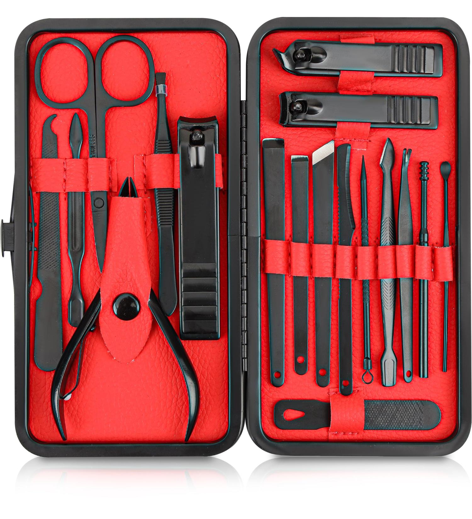 Kichly 18-Part Manicure Set for Women & Men - Nail Tools & Accessories with Travel Case - Nail Clip Set & Scissors (Red/Black) - Buy Online on GoSupps.com