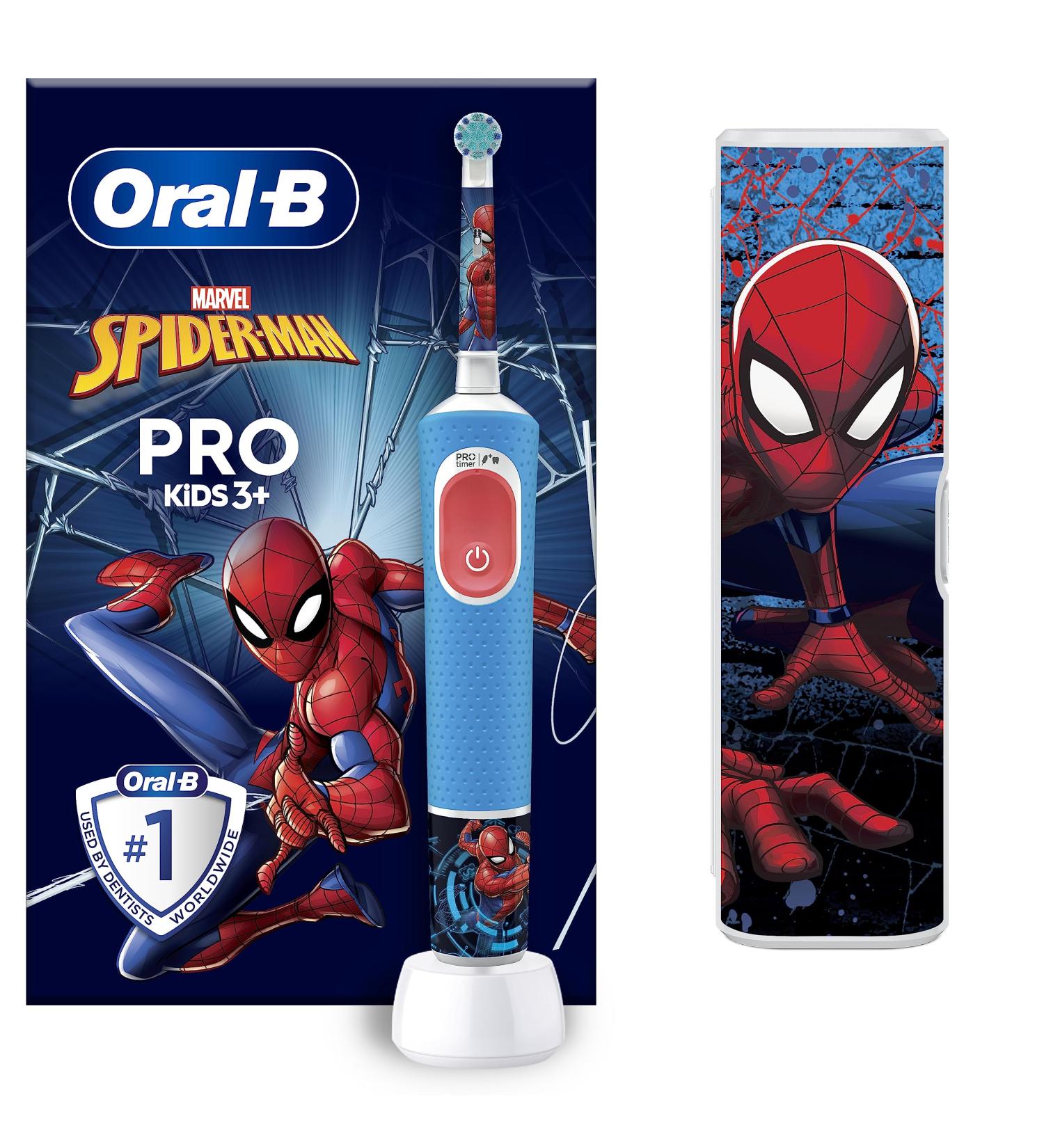 Oral-B Pro Kids Spiderman Electric Toothbrush - Soft Bristles Travel Case & Stickers | Ideal for Children 3+ | Sensitive Mode for Gentle Dental Care - Buy Online on GoSupps.com