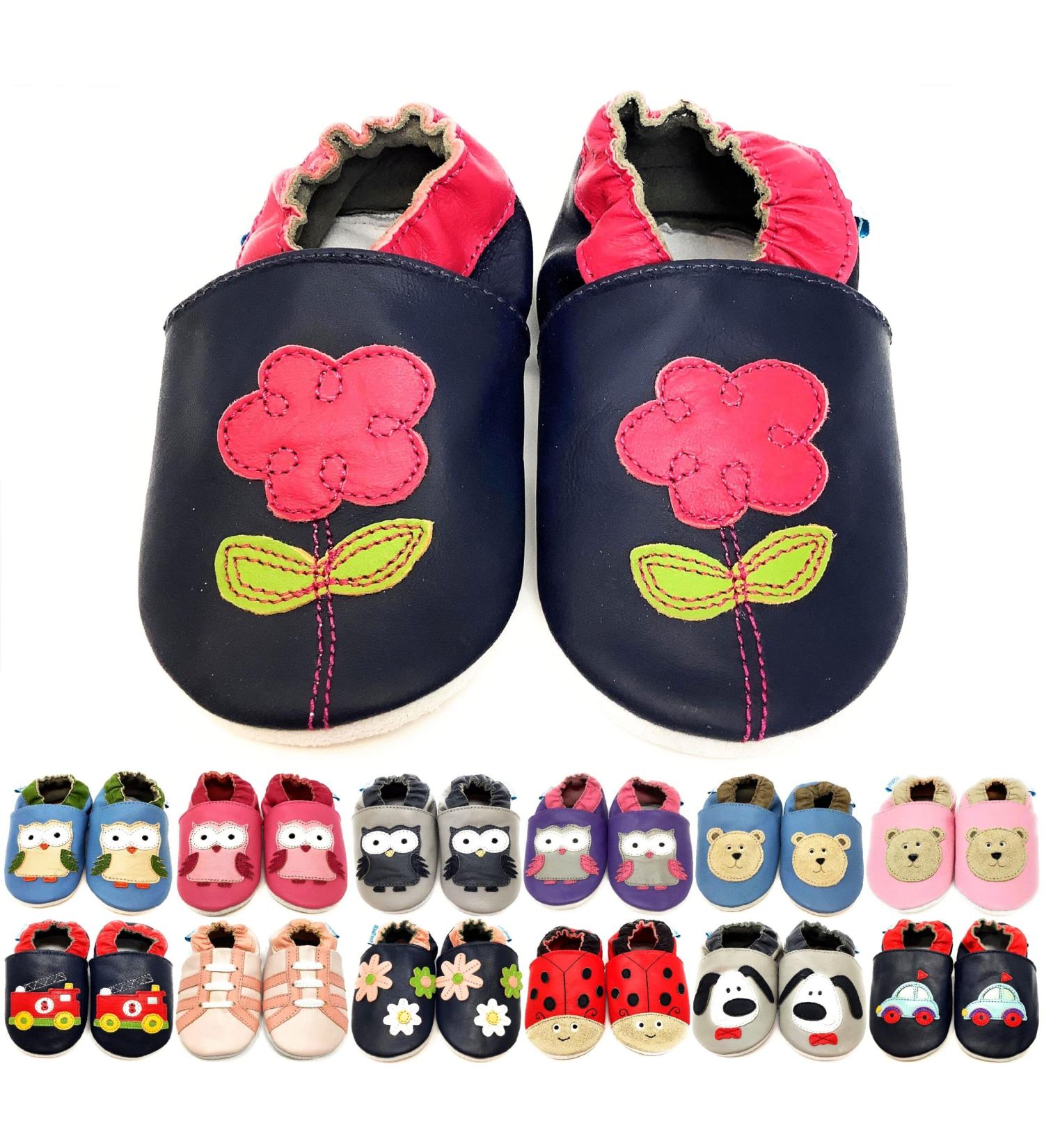 MiniFeet Premium Soft Leather Baby Shoes - Buy 4 Pairs, Get 1 Free! Toddler Shoes for 0-6 Months to 4-5 Years - Navy Flower Design - Buy Online on GoSupps.com