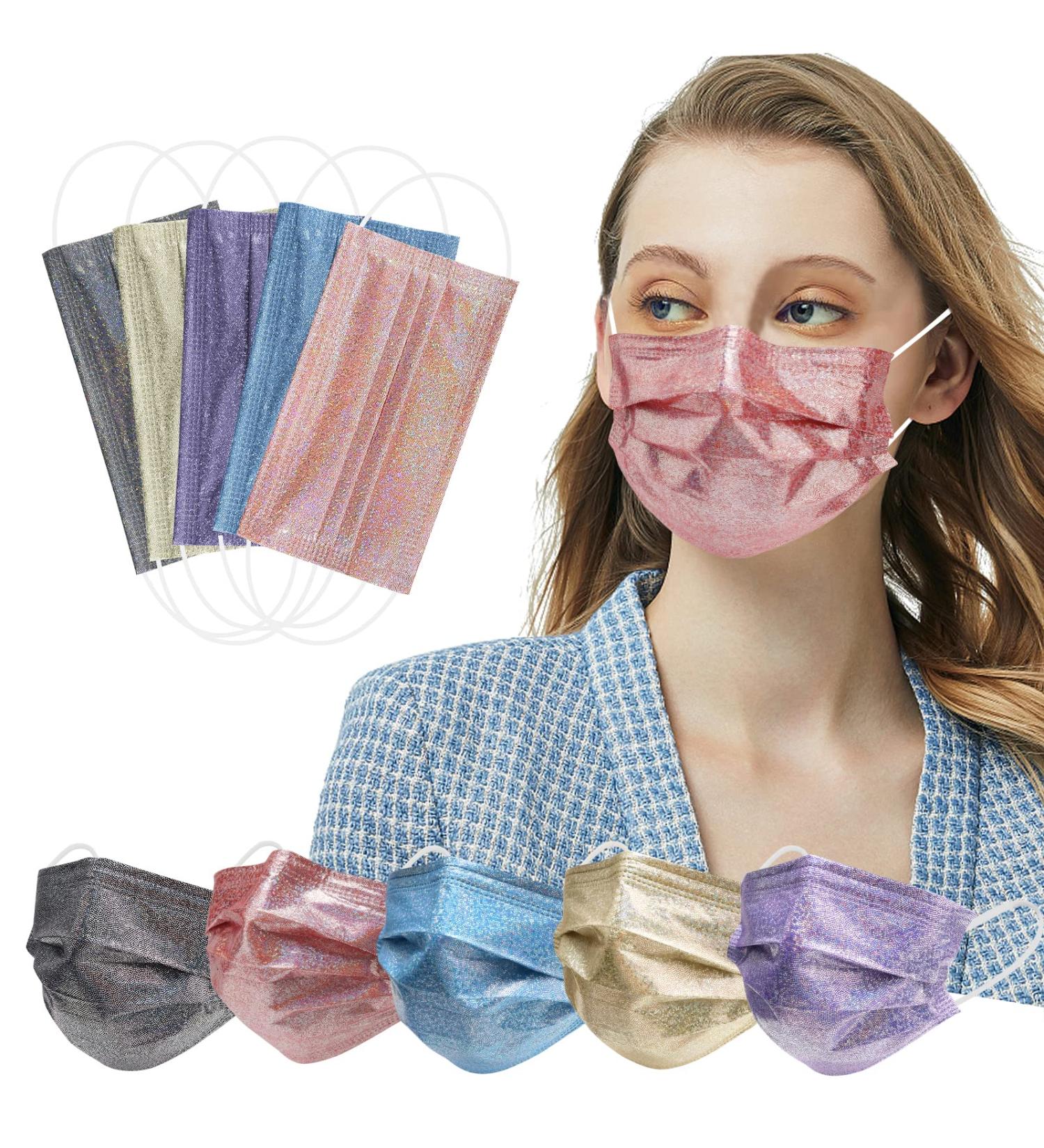 Sparkly Glitter Printed Face Masks for Women - 50 Pcs, 3 Ply Disposable Masks | Trendy Fashion Design - Buy Online on GoSupps.com