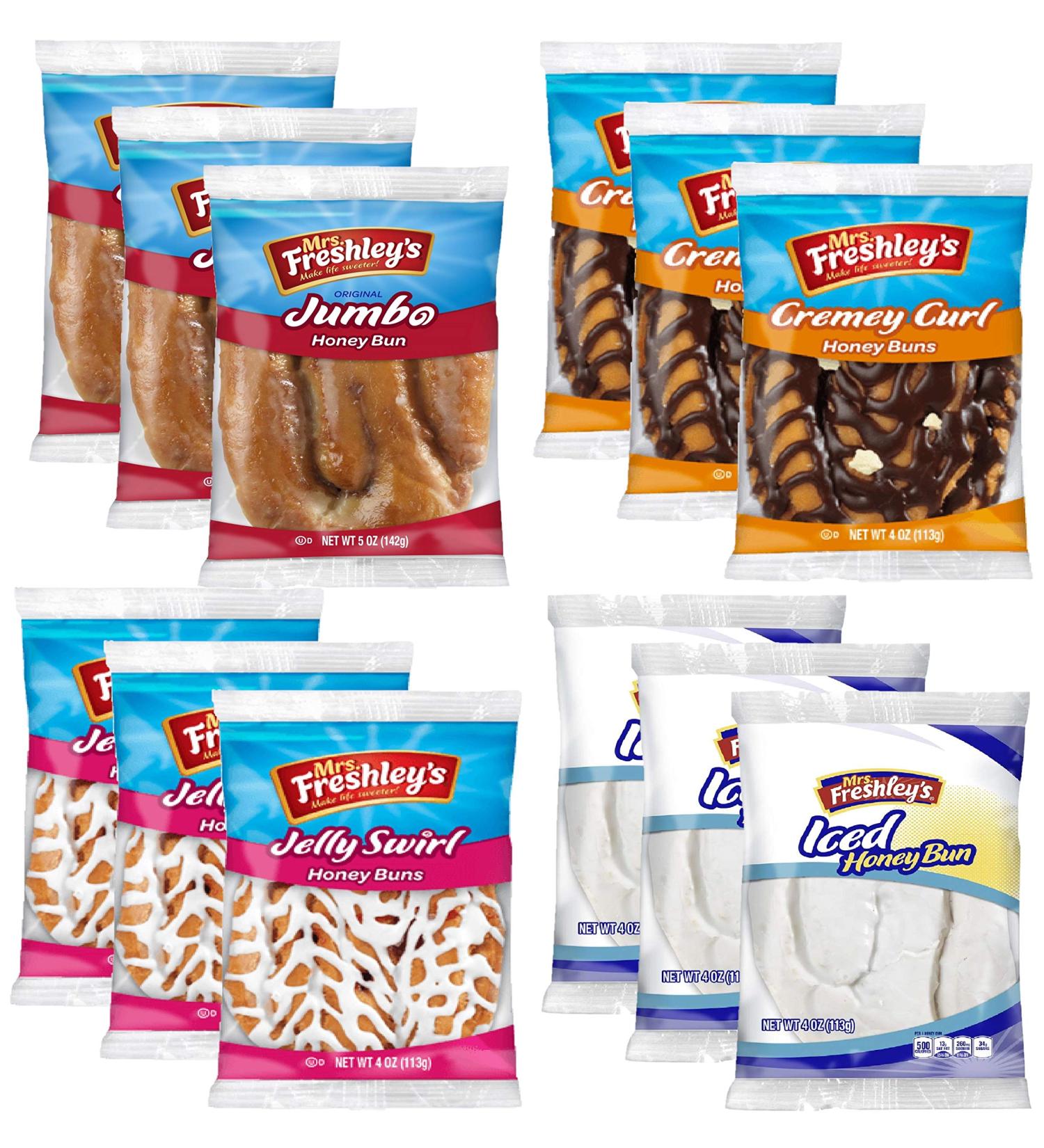 Mrs. Freshley's Honey Buns Variety Pack | Chocolate  Iced  Glazed and Jelly | 4 oz. each | 12 Pack - Buy Online on GoSupps.com