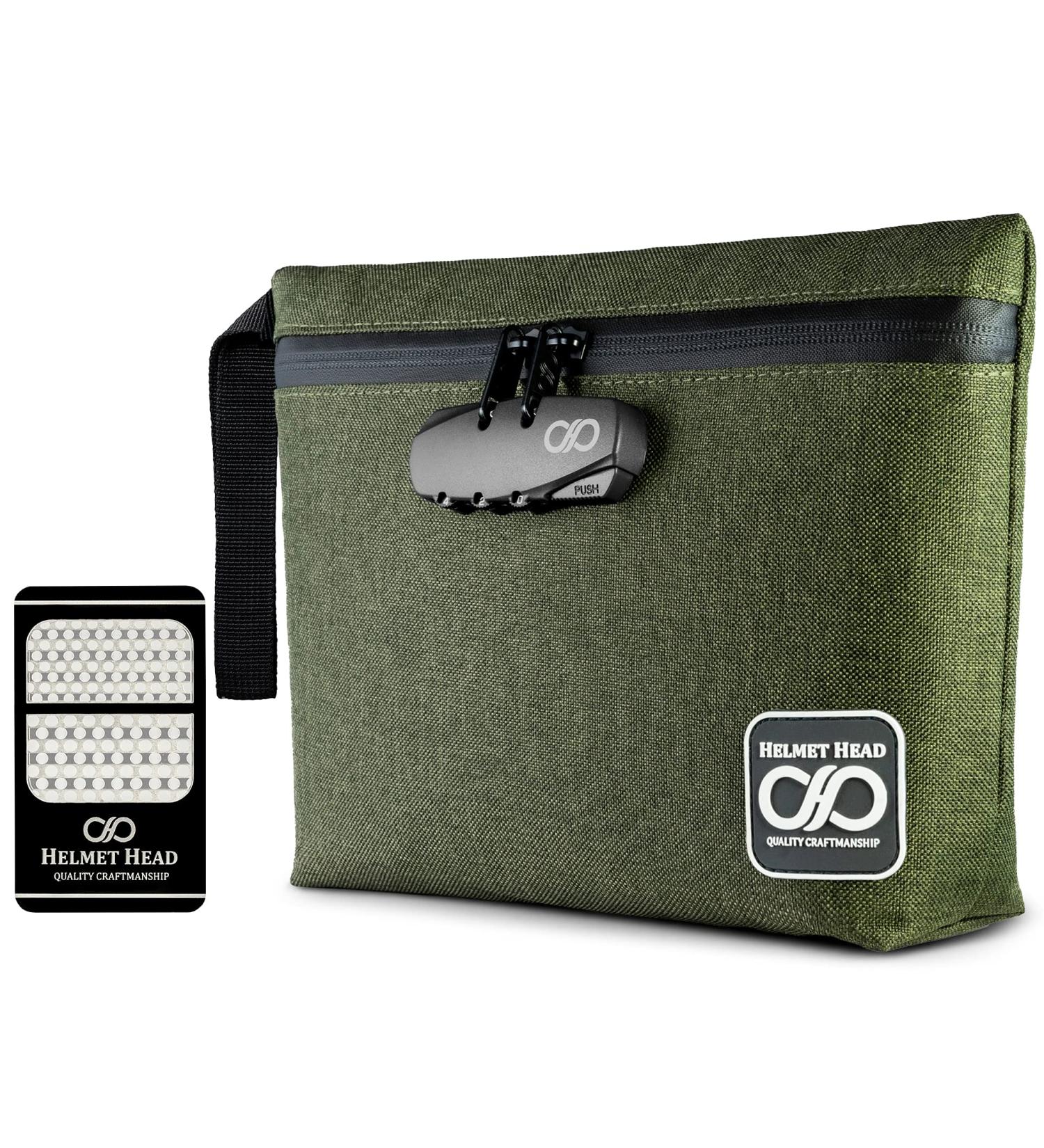 Helmet Head Smell Proof Bag with Combo Lock + Grinder Card - Herb Green | Durable Water Repellent Travel Stash Bag for Odor Proof Herbs & Accessories - Buy Online on GoSupps.com