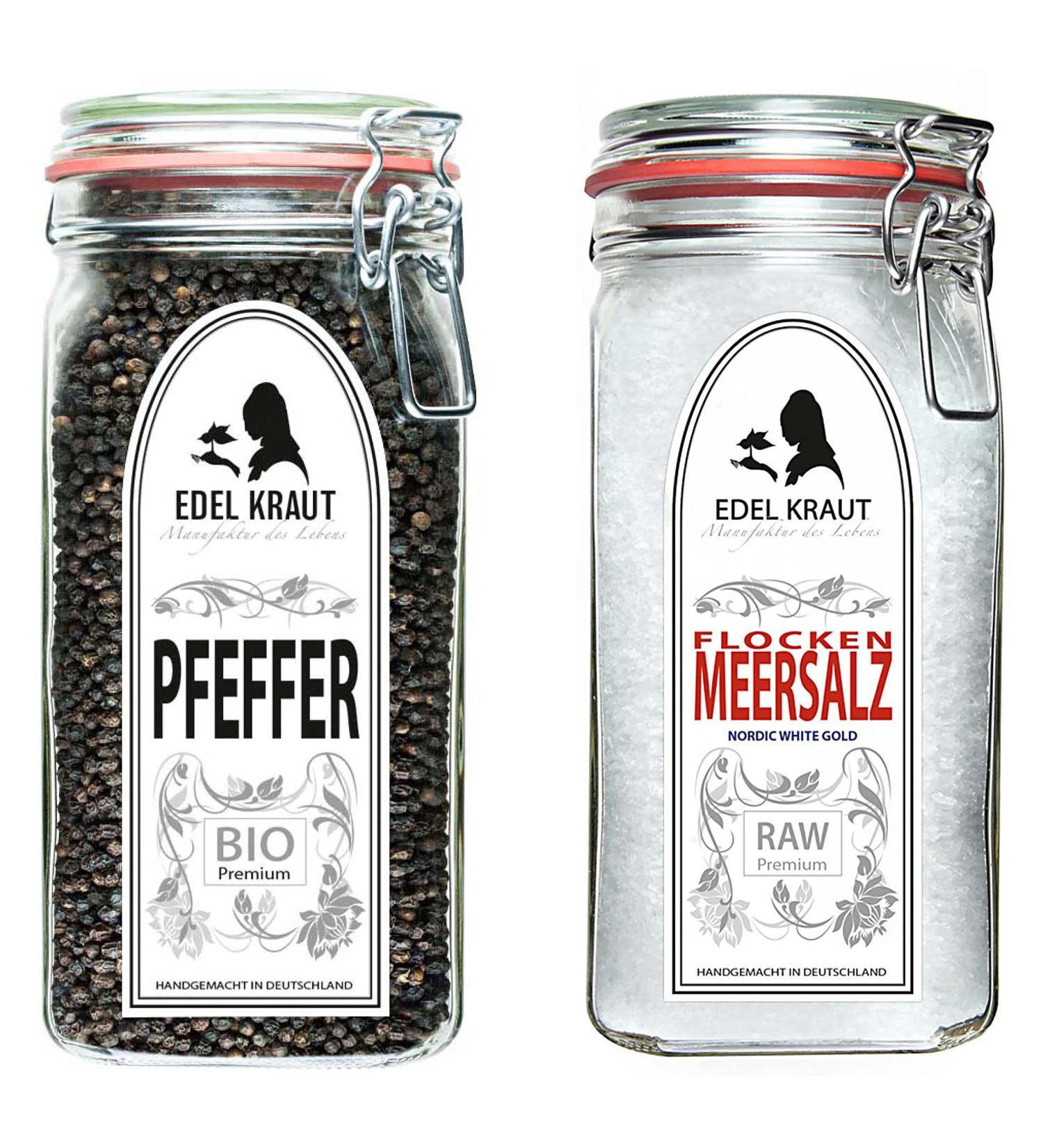 Organic Pepper & Salt Set | Noble Herb - Premium XXL Glass | Entire Peppercorns & Sea Salt for Steaks Salads & Roasts - Additive-Free Spices - Buy Online on GoSupps.com