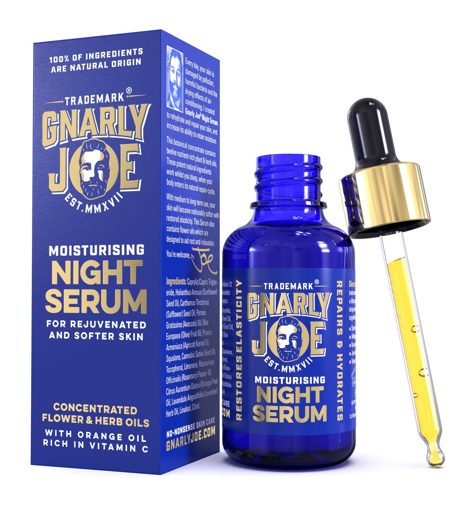 Gnarly Joe Night Serum. Concentrated Face Moisturiser for Men. Natural Ingredients. 30ml Bottle Lasts 2-3 Months. Contains Orange Oil Rich in Vitamin C. Subtle Rosemary Lavender and Sweet Orange - Buy Online on GoSupps.com